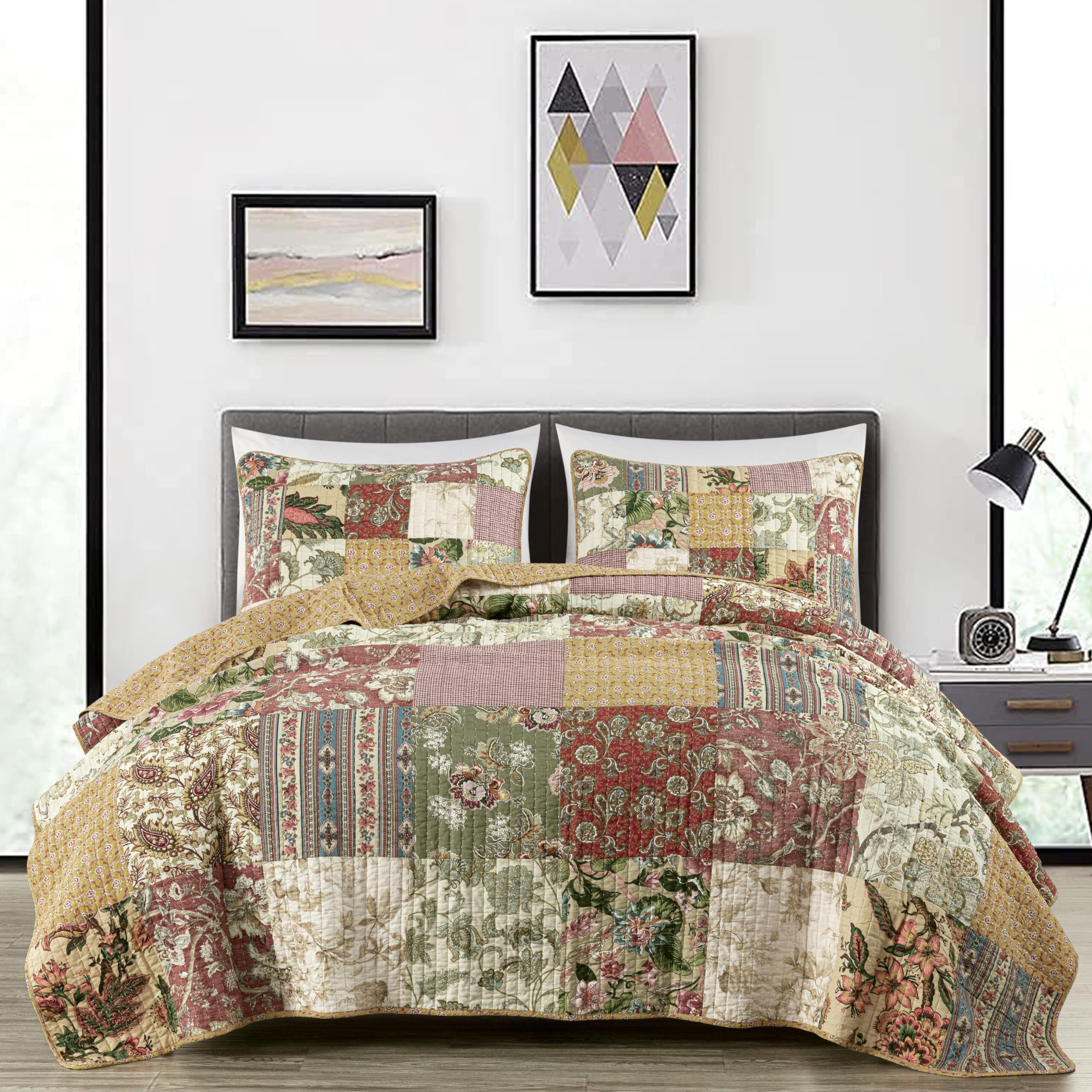 Chezmoi Collection Delaney 3-Piece Floral Patchwork Pre-Washed 100% Cotton Quilt Set, King