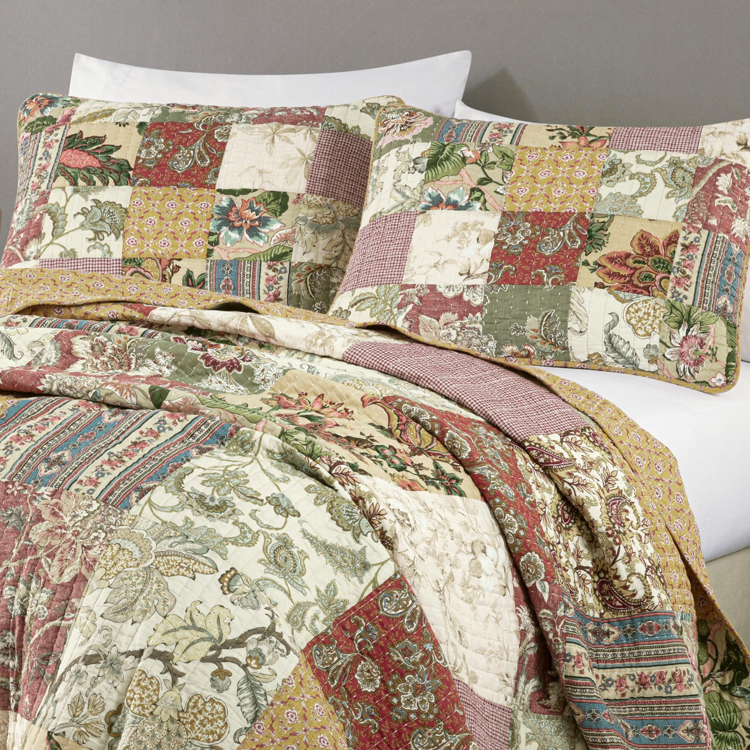 Chezmoi Collection Delaney 3-Piece Floral Patchwork Pre-Washed 100% Cotton Quilt Set, King