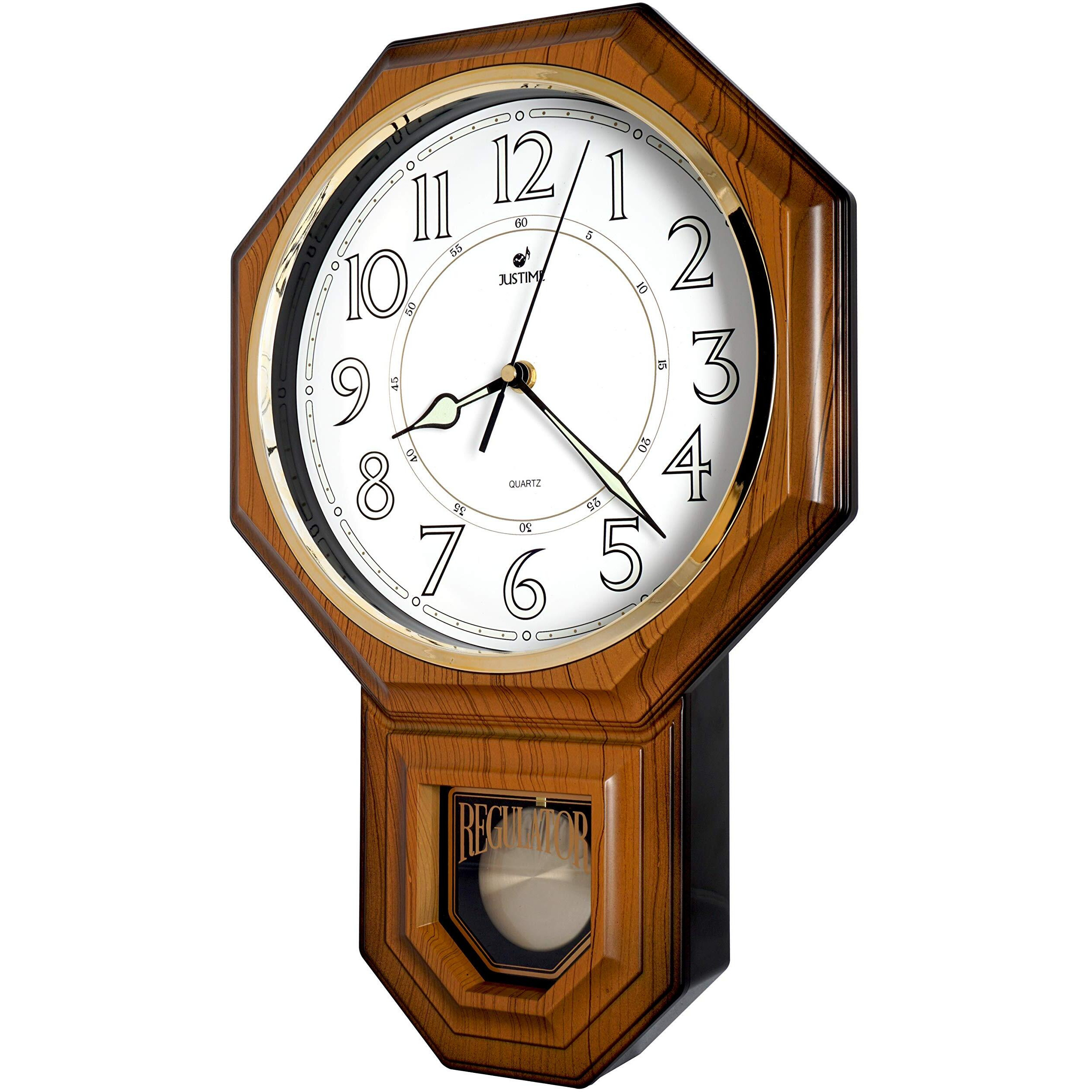 Justime Traditional Schoolhouse Pendulum Luminous Wall Clock Chimes Hourly With Westminster Melody Made In Taiwan (Pp0258-L-Lw Light Wood Grain)