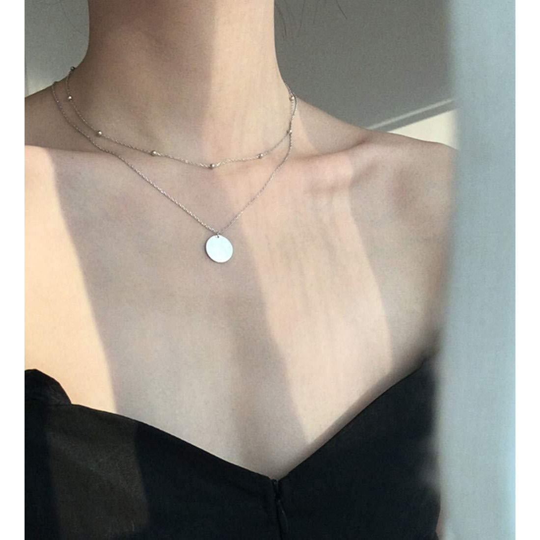 Layered Disc Pendant Choker Necklace For Women 925 Sterling Silver-Tone,Gold-Tone Dainty Full Moon Circle Coin Collar Two-Double Chain Fashion Y Jewelry Best Box Birthday Wedding (Silvery)