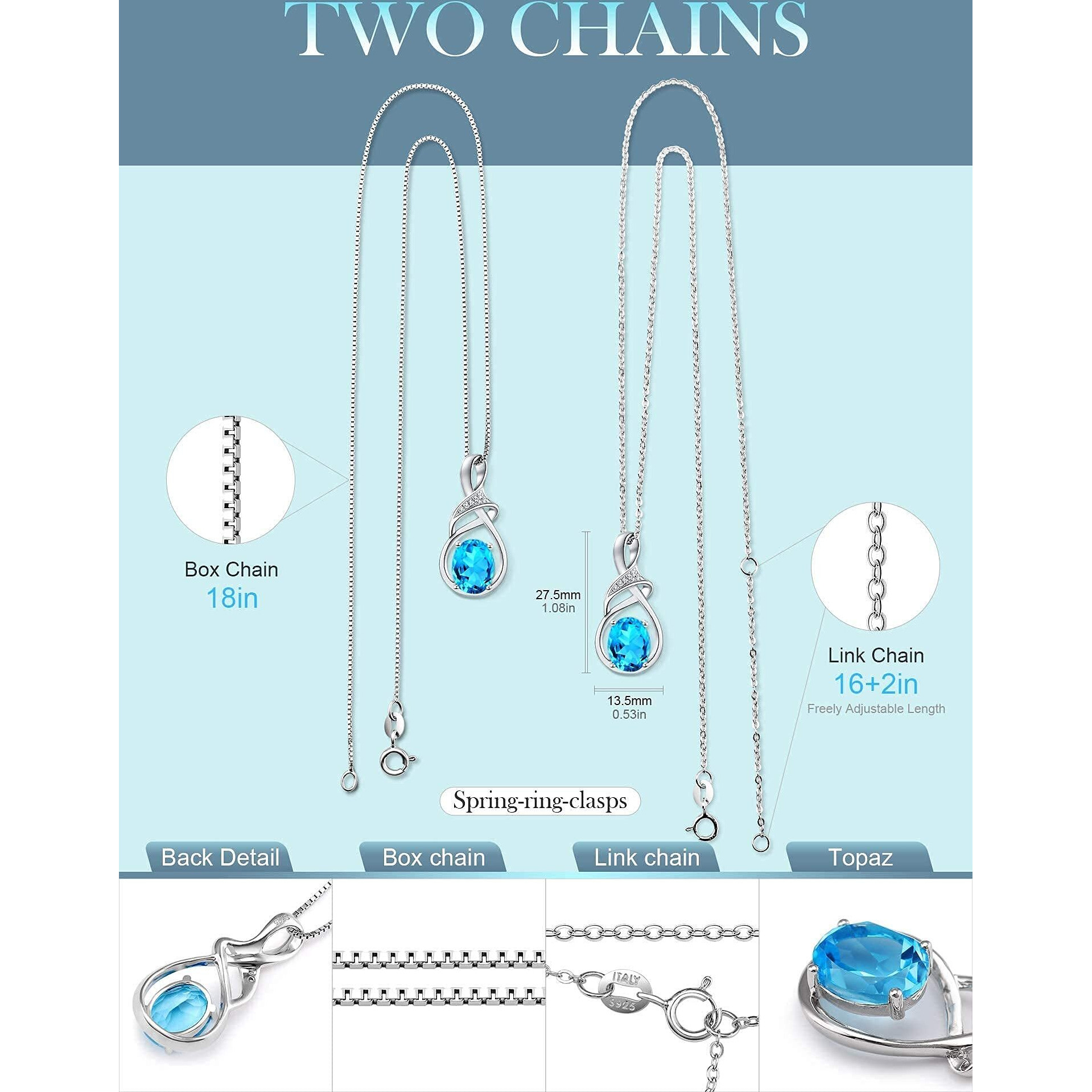 Hxzz Fine Jewelry Birthstone Gifts For Women Natural Gemstone Swiss Blue Topaz Sterling Silver Pendant Necklace Birthday Anniversary For Wife Mom