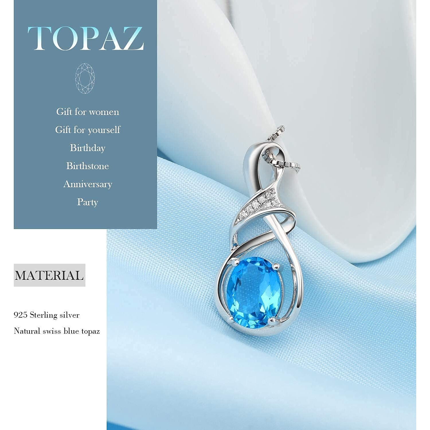Hxzz Fine Jewelry Birthstone Gifts For Women Natural Gemstone Swiss Blue Topaz Sterling Silver Pendant Necklace Birthday Anniversary For Wife Mom