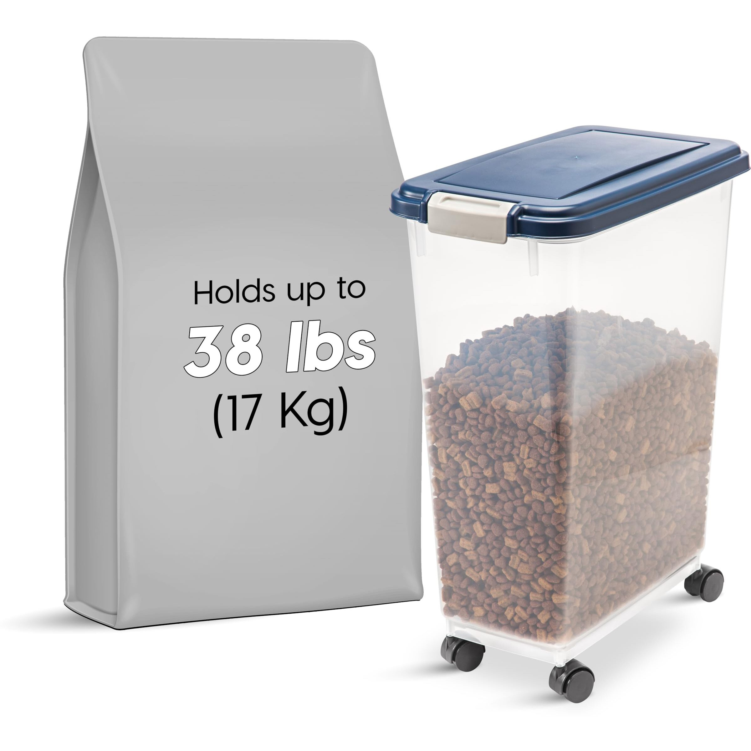 Iris Usa Airtight Dog Food Storage Container, Up To 38 Lbs, Attachable Wheels, For Dog Cat Bird And Other Pet Food Storage Bin, Keep Fresh, Translucent Body, Easy Mobility, Navy