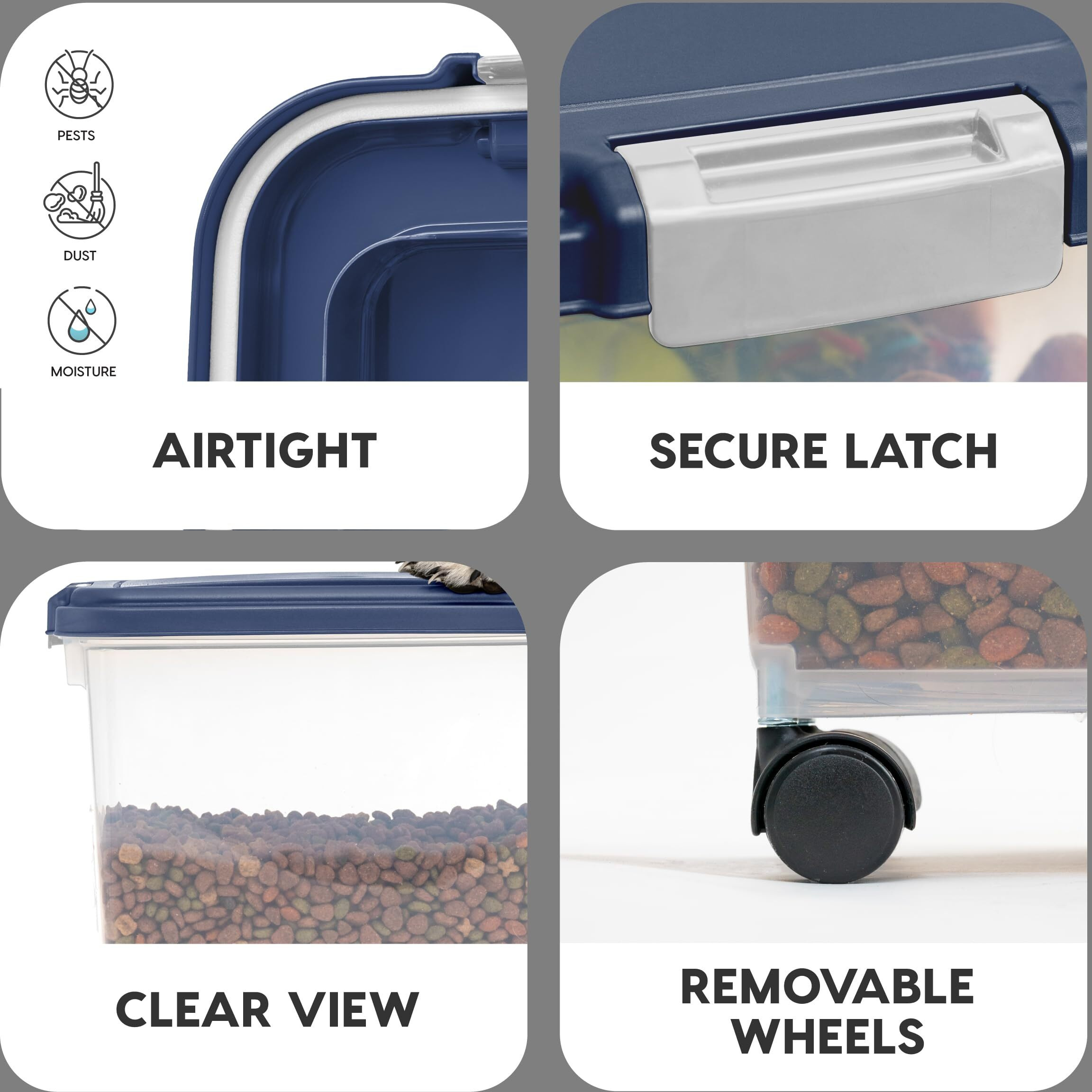 Iris Usa Airtight Dog Food Storage Container, Up To 38 Lbs, Attachable Wheels, For Dog Cat Bird And Other Pet Food Storage Bin, Keep Fresh, Translucent Body, Easy Mobility, Navy