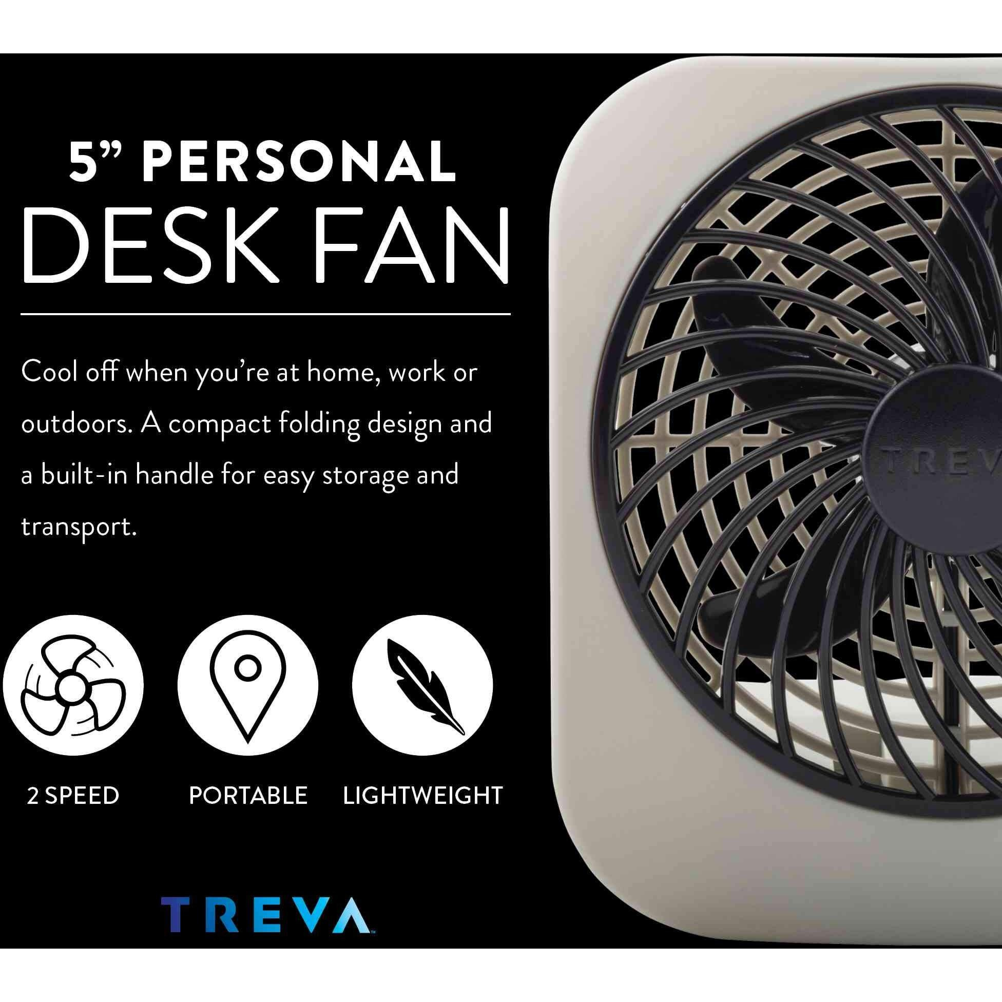 O2Cool Treva 5 Inch Battery Powered Fan Portable Desk Fan 2 Cooling Speeds With Compact Folding & Tilt Design Small Fan Cubicle Accessories Mini Fan Portable (Grey)