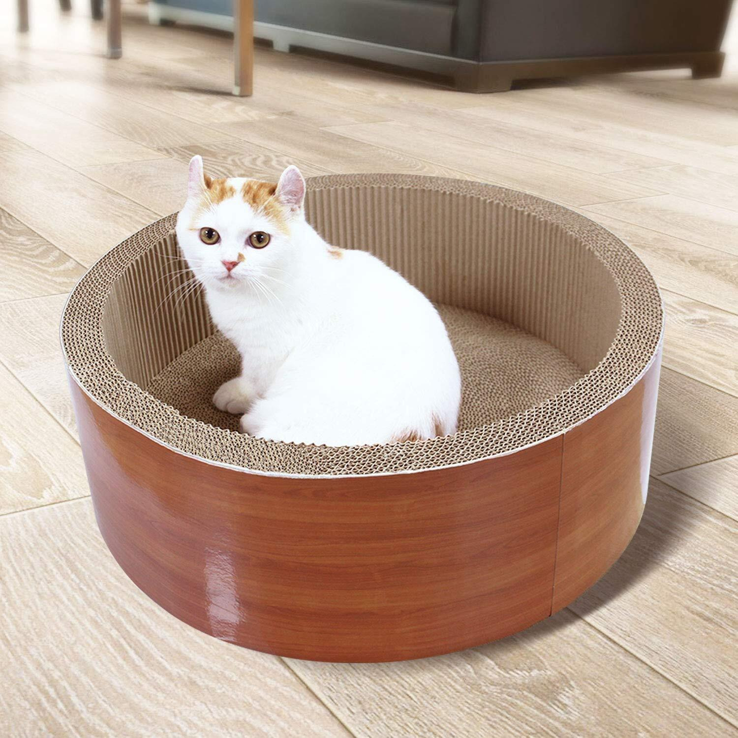 Fluffydream Scratchme Cat Scratcher Post & Board, Round Cat Scratching Lounge Bed, Durable Pad Prevents Furniture Damage, 17.32'' X 17.32''X 6.11''