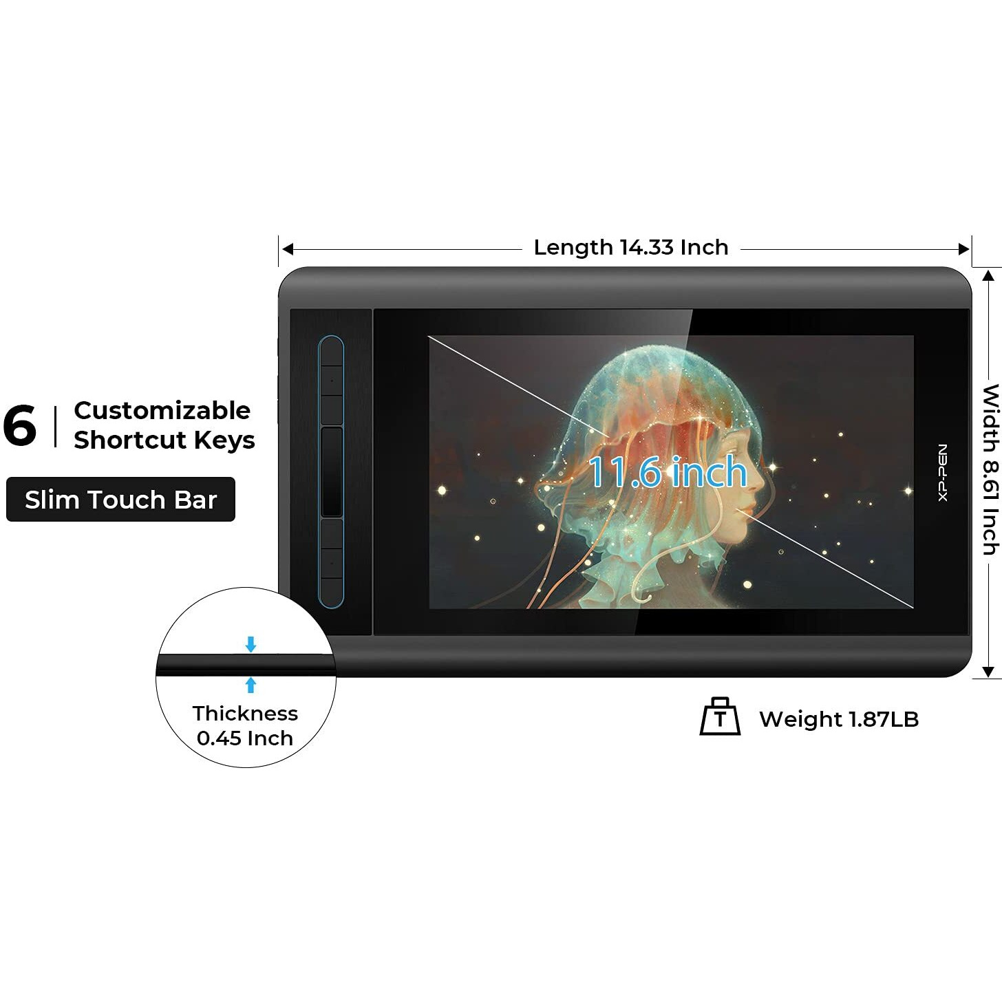 Xp-Pen Artist12 11.6 Inch Fhd Drawing Monitor Pen Display Graphic Monitor With Pn06 Battery-Free Multi-Function Pen Holder And Glove 8192 Pressure Sensitivity