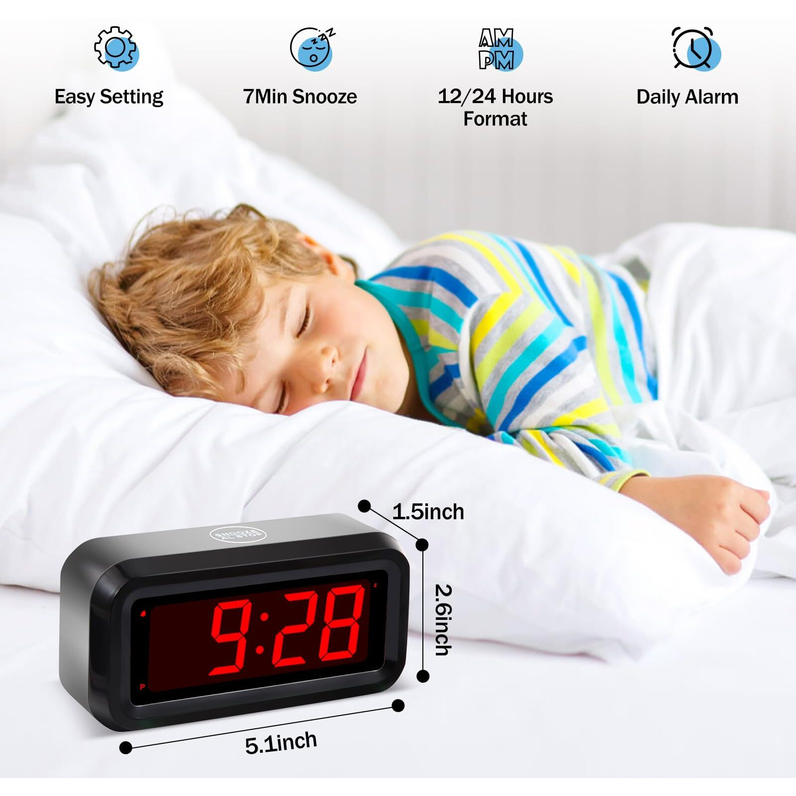 Timegyro Digital Alarm Clock Battery Operated With Led Display For Bedrooms, Long Battery Life For 12 Months, 3 Brightness Adjustable, 12/24 Hour, Snooze, Black Case With Red Digits
