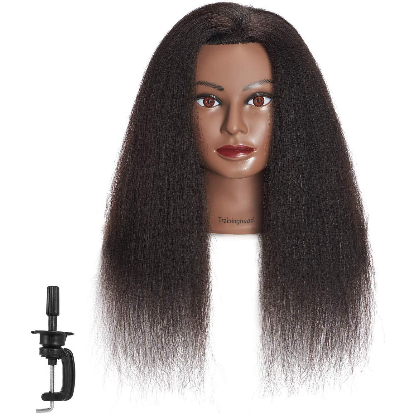 Traininghead 100% Real Hair Mannequin Head Training Head Cosmetology Doll Head Manikin Practice Head Hairdresser With Free Clamp Holder Female (Black Hair A)