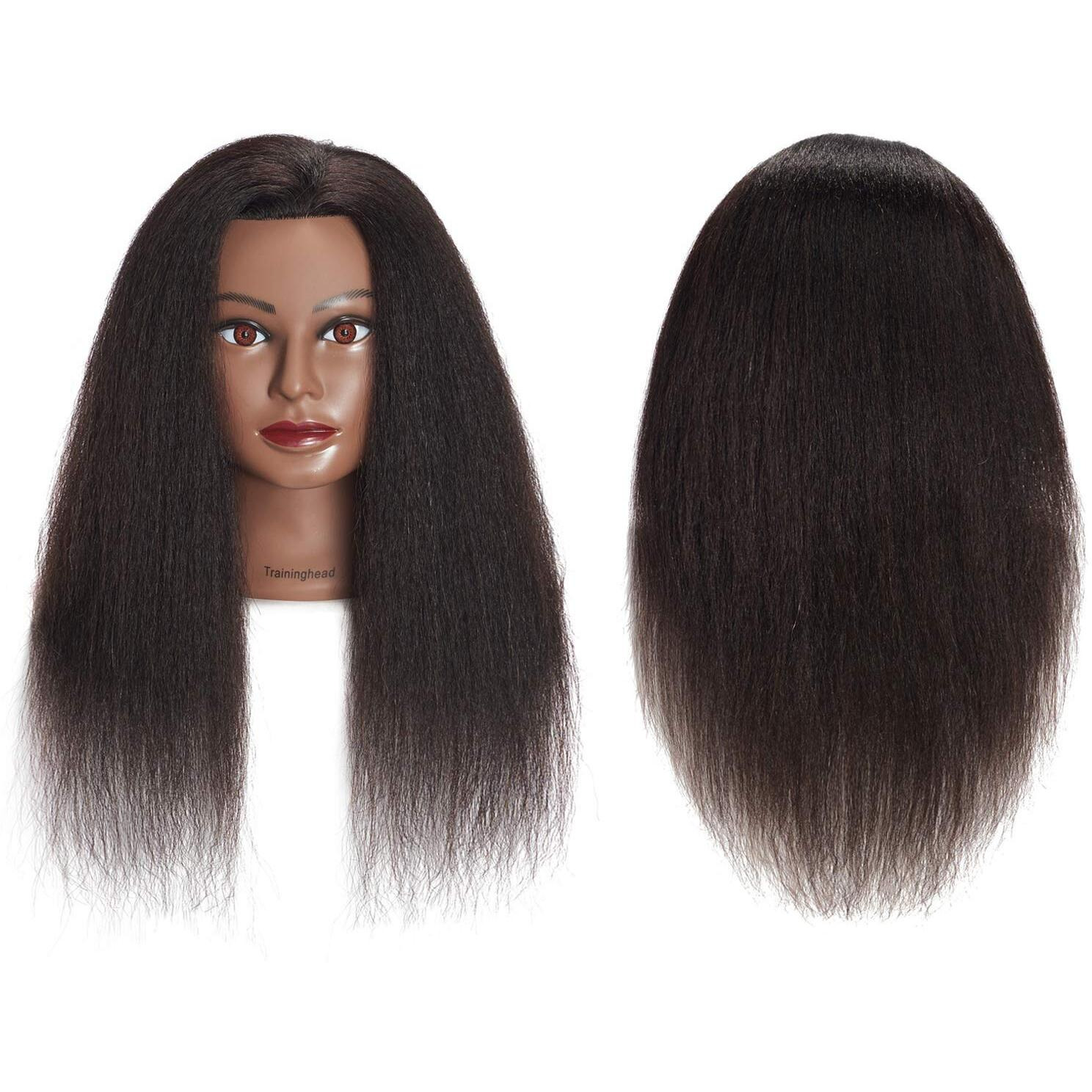 Traininghead 100% Real Hair Mannequin Head Training Head Cosmetology Doll Head Manikin Practice Head Hairdresser With Free Clamp Holder Female (Black Hair A)