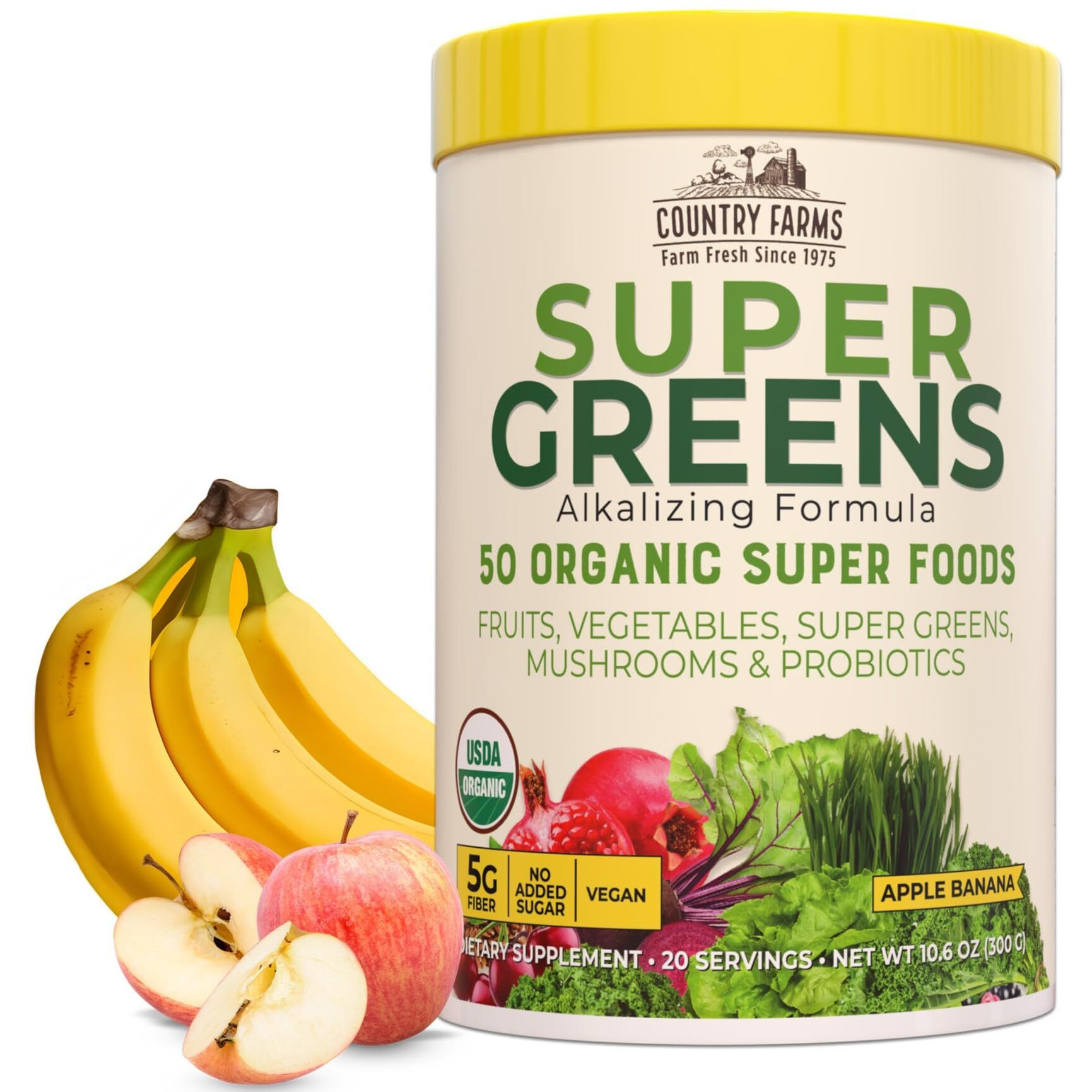 Country Farms Super Greens Apple Banana Flavor, 50 Organic Super Foods, Packed With Fiber, Usda Organic Drink Mix, Fruits, Vegetables, Super Greens, Mushrooms & Probiotics, Supports Energy, 10.6 Oz