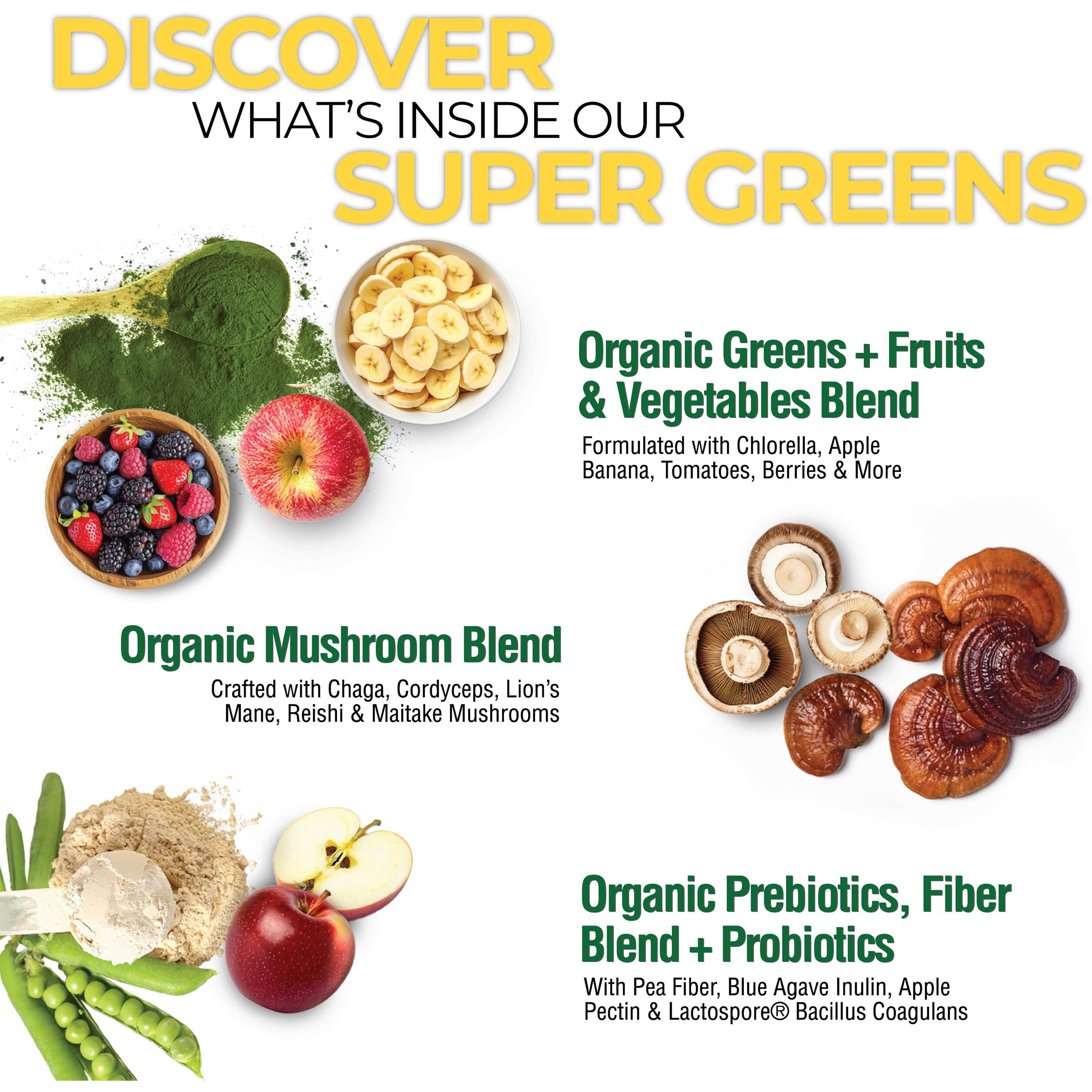 Country Farms Super Greens Apple Banana Flavor, 50 Organic Super Foods, Packed With Fiber, Usda Organic Drink Mix, Fruits, Vegetables, Super Greens, Mushrooms & Probiotics, Supports Energy, 10.6 Oz