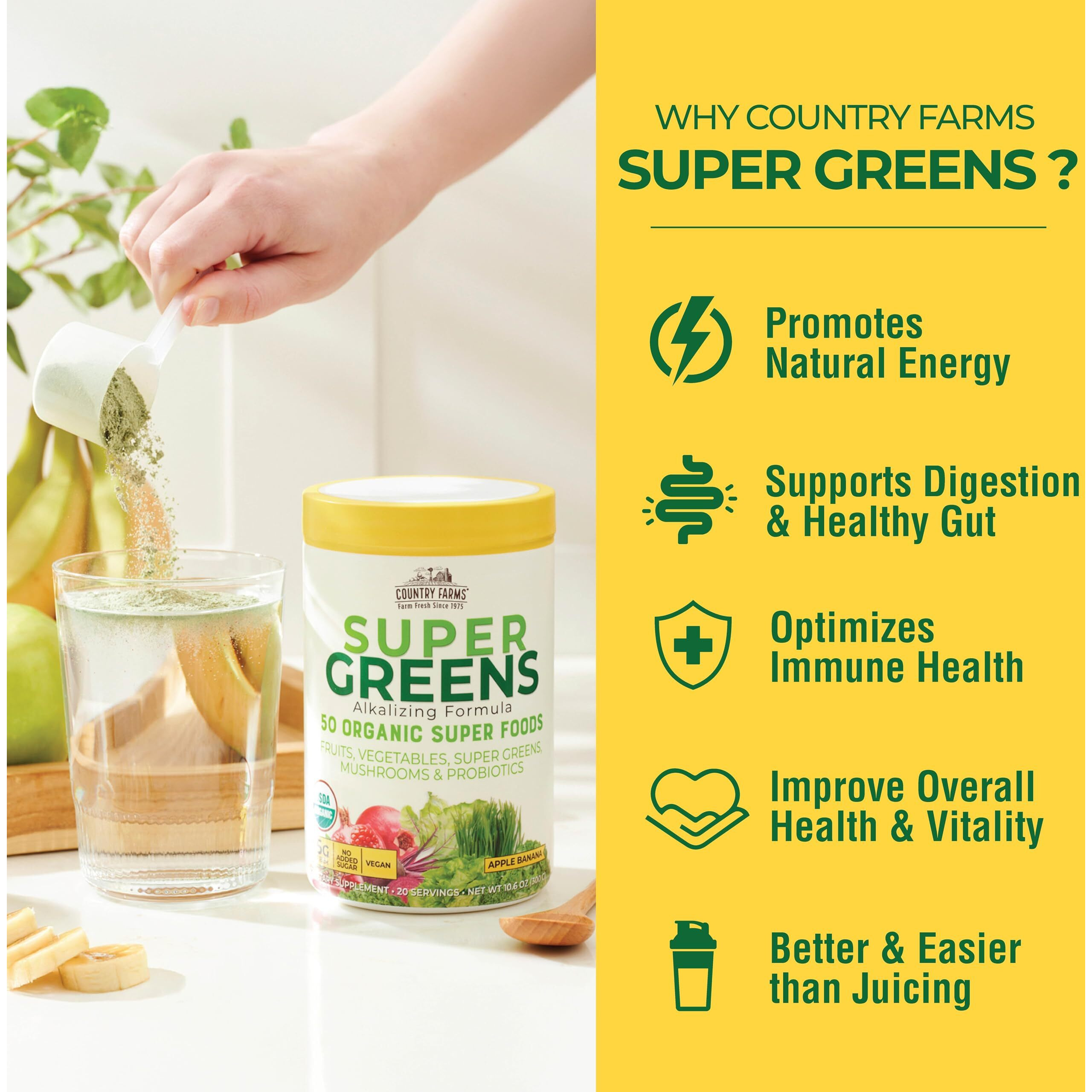 Country Farms Super Greens Apple Banana Flavor, 50 Organic Super Foods, Packed With Fiber, Usda Organic Drink Mix, Fruits, Vegetables, Super Greens, Mushrooms & Probiotics, Supports Energy, 10.6 Oz