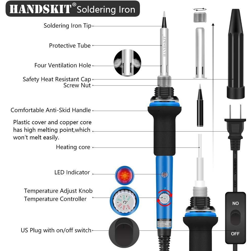 Soldering Iron, Soldering Kit, 19-In-1 60W Soldering Iron Kit Electronics Adjustable Temperature Welding Iron With On/Off Switch, Digital Multimeter, 5 Tips, Desoldering Pump, Screwdriver, Tweezers