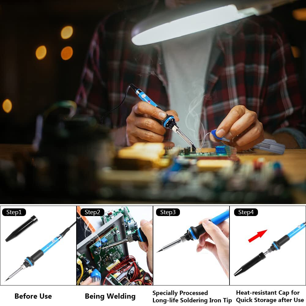 Soldering Iron, Soldering Kit, 19-In-1 60W Soldering Iron Kit Electronics Adjustable Temperature Welding Iron With On/Off Switch, Digital Multimeter, 5 Tips, Desoldering Pump, Screwdriver, Tweezers