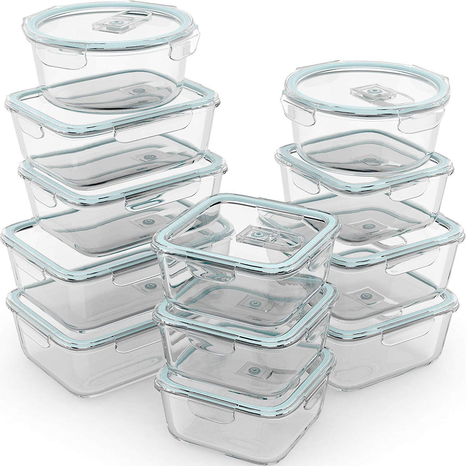 24 Pc Airtight Glass Food Storage Containers - Glass Meal Prep Containers - Freezer To Oven Safe - Steam Release Valve Bpa/Pvc Free - Airtight Glass Bento Boxes - Leak Proof (12 Lids & 12 Containers)