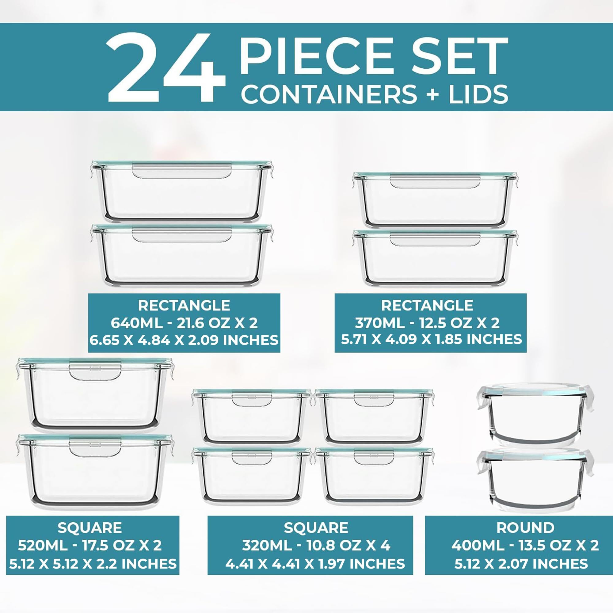 24 Pc Airtight Glass Food Storage Containers - Glass Meal Prep Containers - Freezer To Oven Safe - Steam Release Valve Bpa/Pvc Free - Airtight Glass Bento Boxes - Leak Proof (12 Lids & 12 Containers)