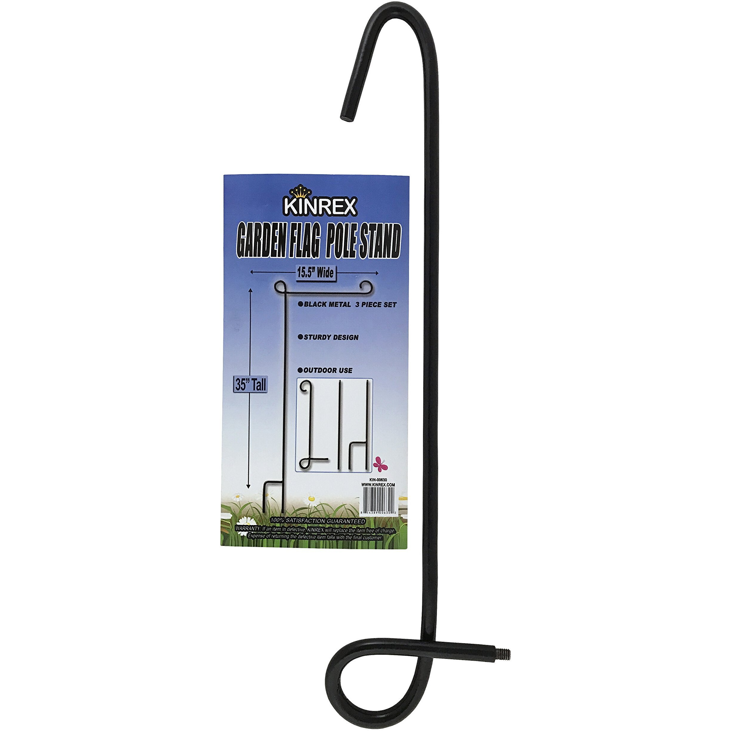 Kinrex Garden Flag Pole Holder Stand - Black Metal Iron Wrought Stake Poles For Outdoor Garden Lawn Yard - 3 Piece Set - 35"" Tall X 15.5"" Wide