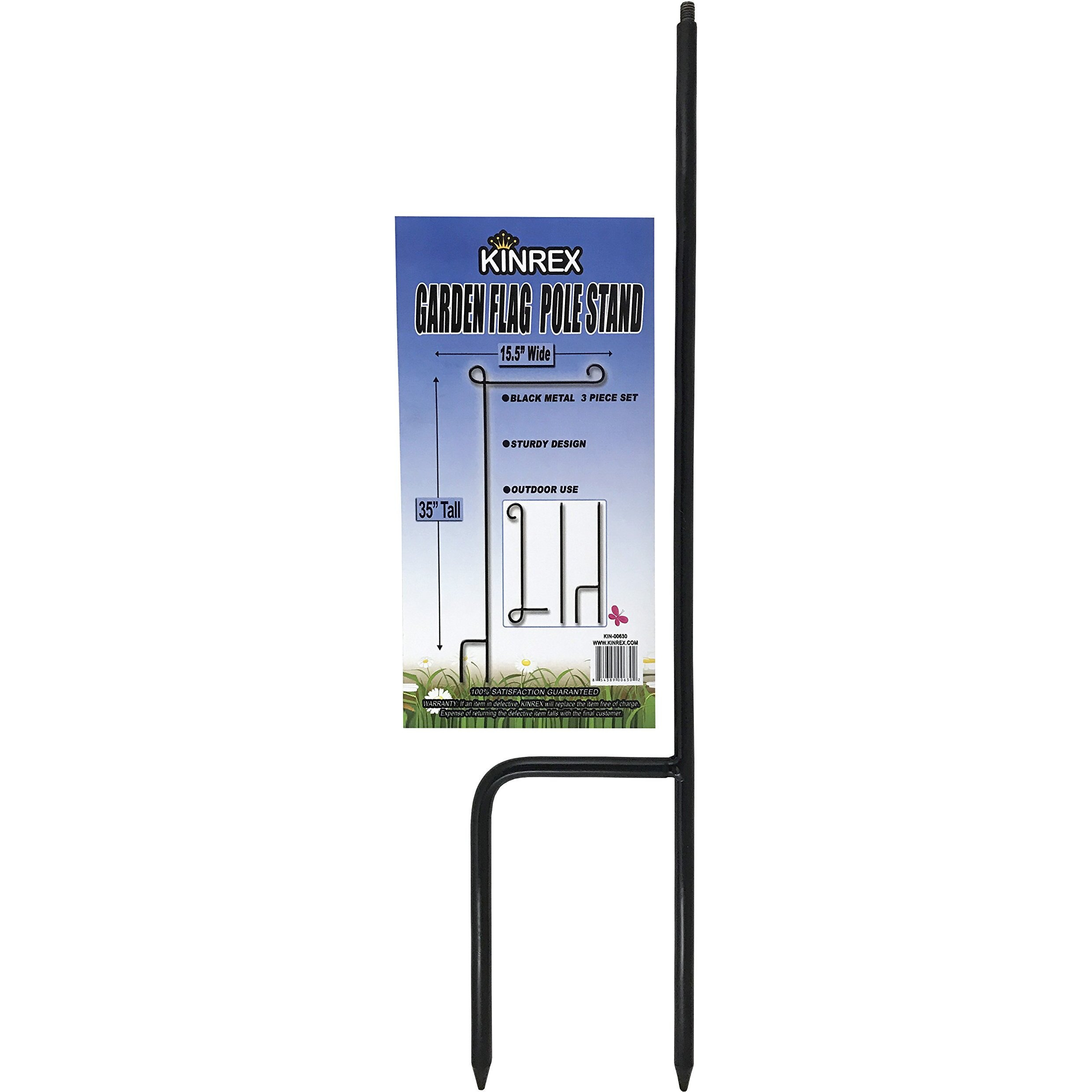 Kinrex Garden Flag Pole Holder Stand - Black Metal Iron Wrought Stake Poles For Outdoor Garden Lawn Yard - 3 Piece Set - 35"" Tall X 15.5"" Wide
