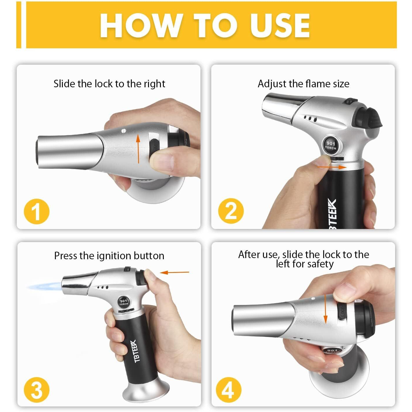 Tbteek Butane Torch, Kitchen Torch Cooking Torch With Safety Lock & Adjustable Flame For Cooking, Bbq, Baking, Brulee, Creme, Diy Soldering(Butane Not Included)