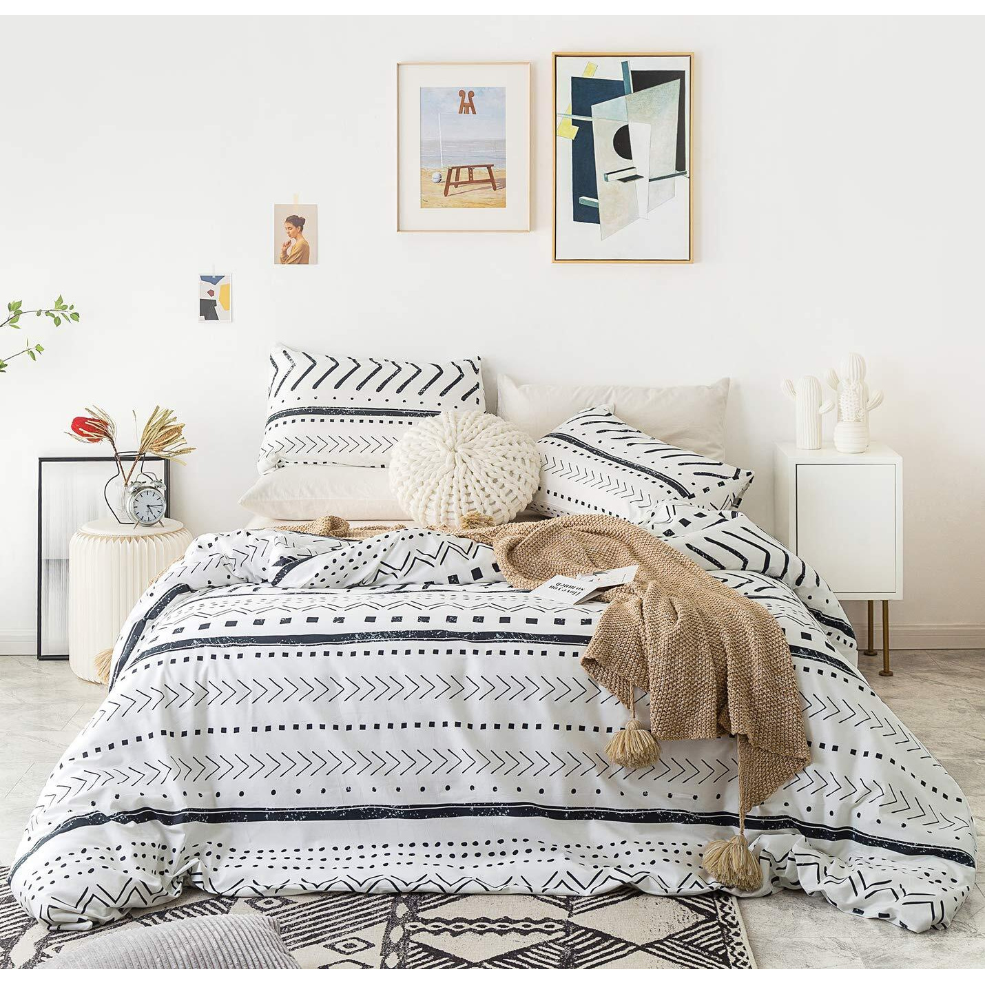 Yuheguoji Black White Aztec Duvet Cover King 100% Cotton Vintage Boho Duvet Cover 3 Pcs Set 1 Neutral Tribal Bohemian Duvet Cover With Zipper Ties 2 Pillowcase Aztec Striped Bedding Set Soft