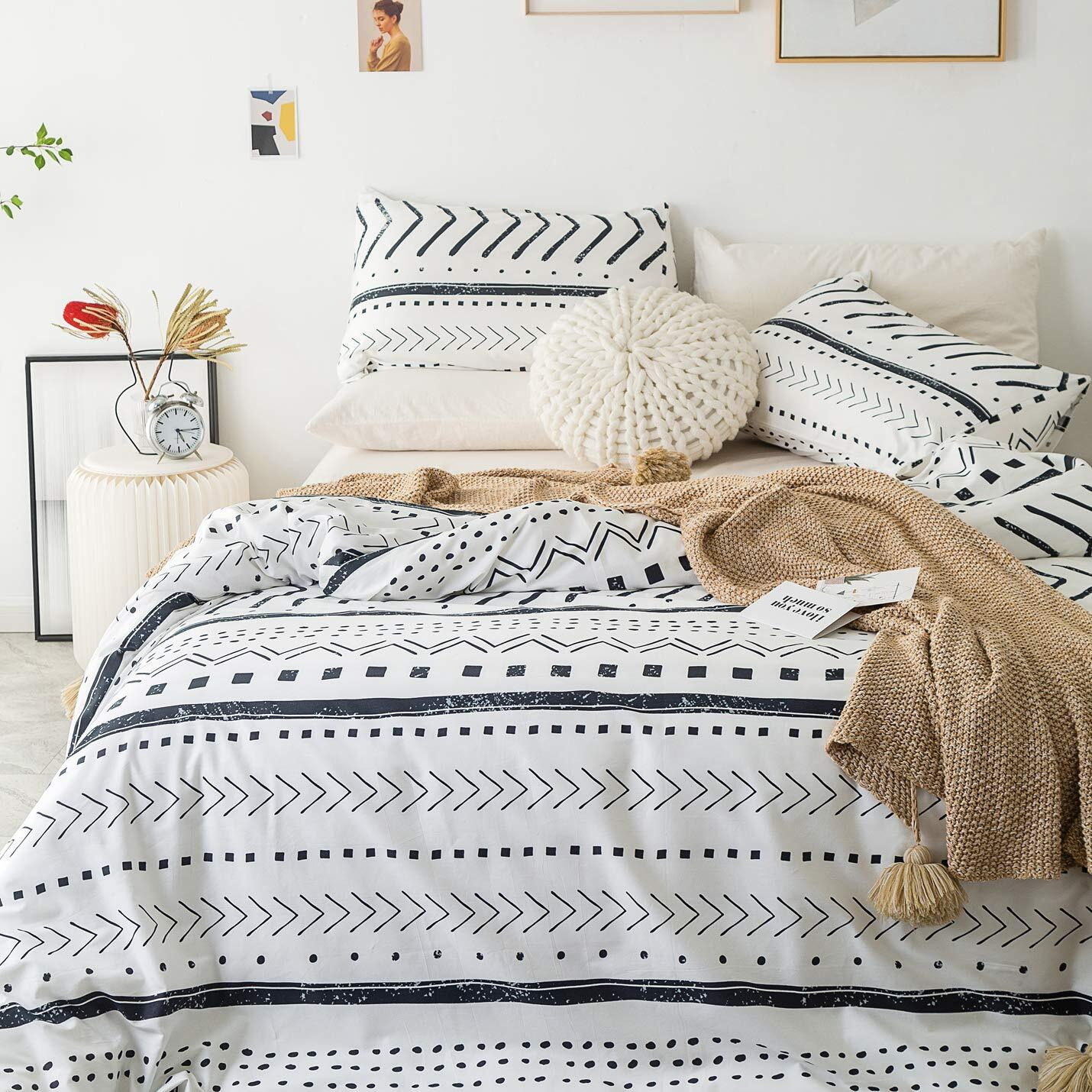 Yuheguoji Black White Aztec Duvet Cover King 100% Cotton Vintage Boho Duvet Cover 3 Pcs Set 1 Neutral Tribal Bohemian Duvet Cover With Zipper Ties 2 Pillowcase Aztec Striped Bedding Set Soft