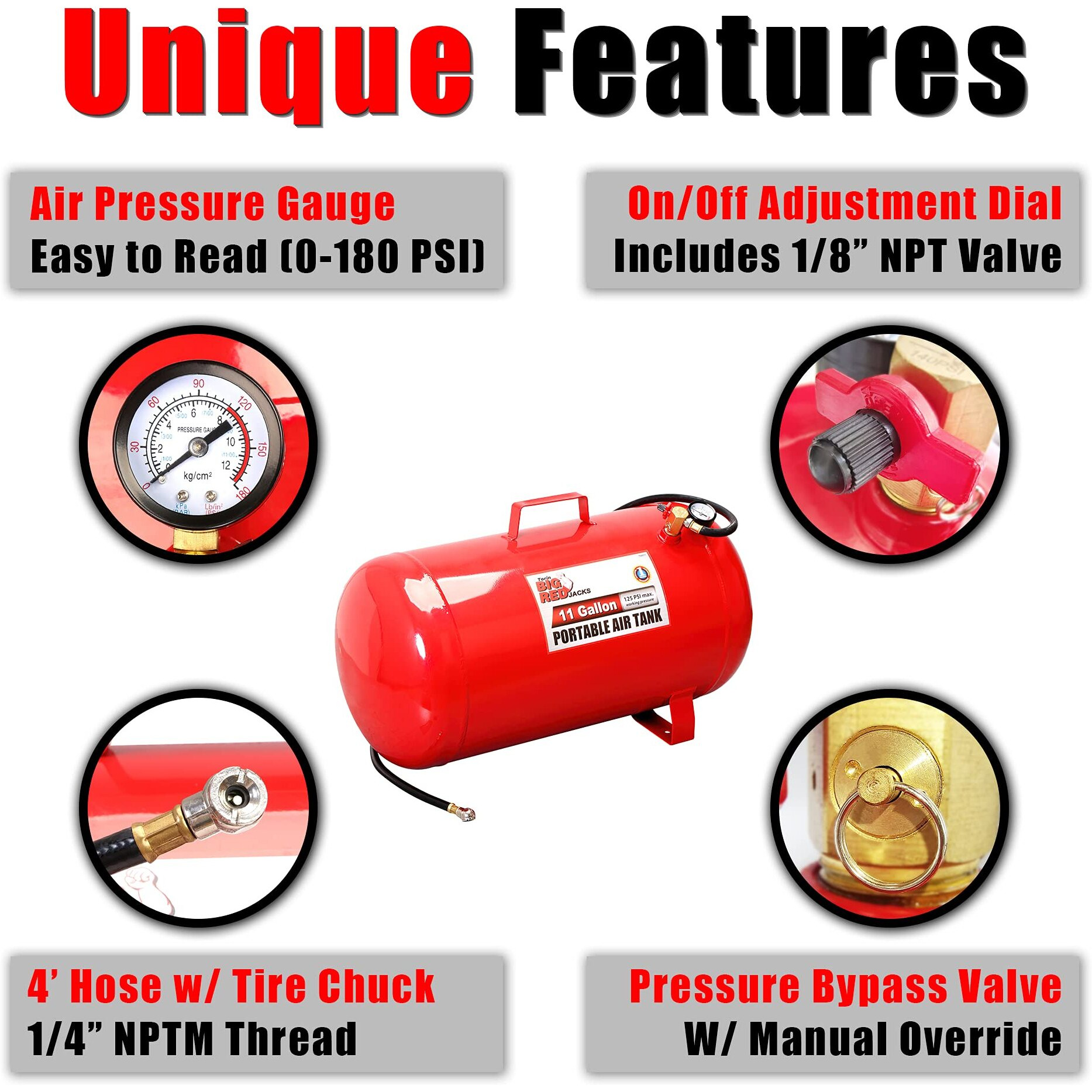 Big Red T88011 Torin Portable Horizontal Air Tank With 50"" Hose, 11 Gallon Capacity, Red