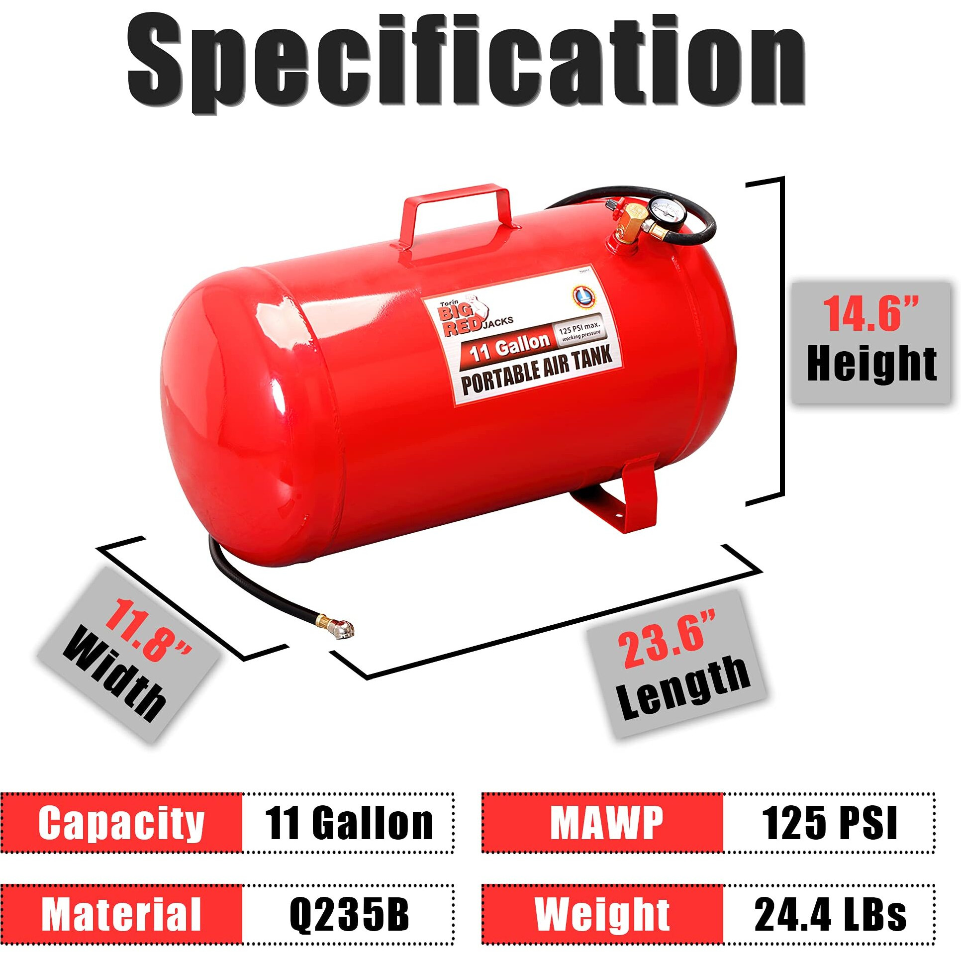 Big Red T88011 Torin Portable Horizontal Air Tank With 50"" Hose, 11 Gallon Capacity, Red