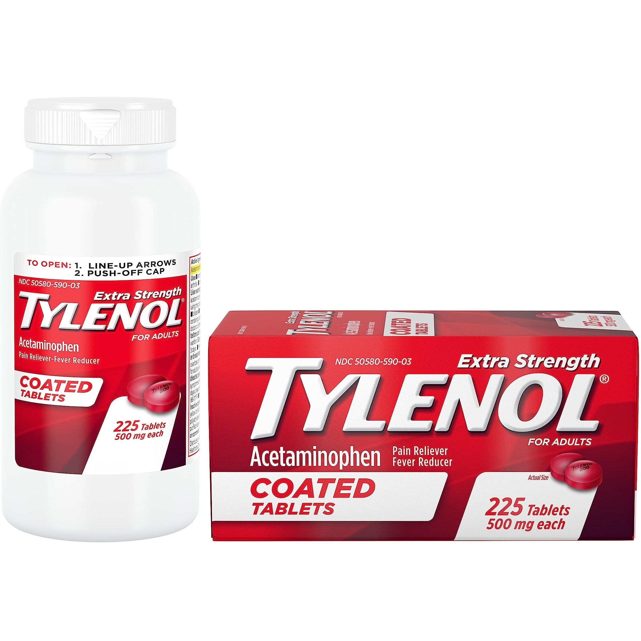 Tylenol Extra Strength Coated Tablets, Acetaminophen Adult Pain Relief & Fever Reducer, 225 Ct