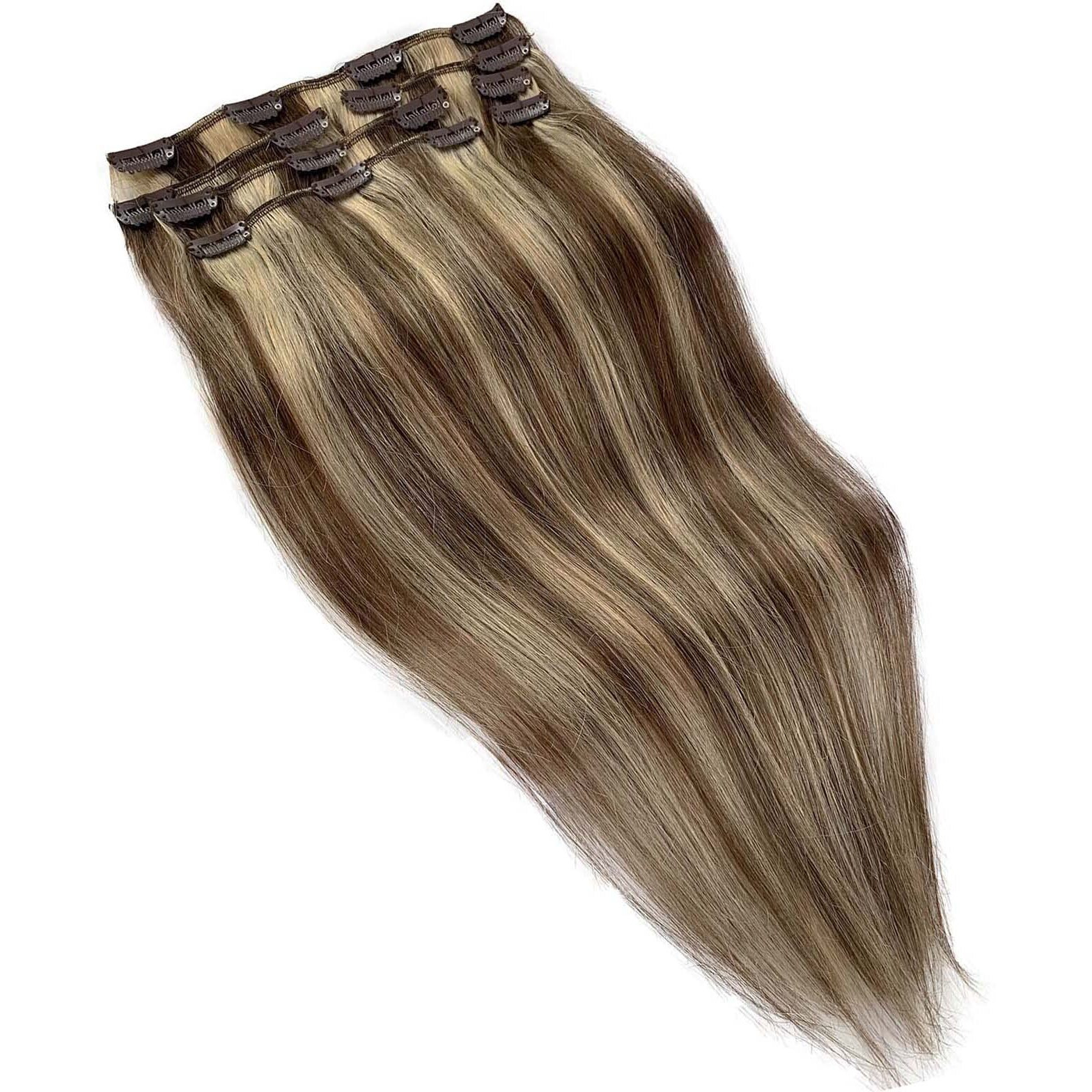 Clip In Hair Extensions Real Human Hair, 15 Inch 7Pc Human Hair Extension Brown And Blonde Highlights Double Weft Clip In Extensions Soft Remy Hair Brown Mix Blonde Clip Ins For Women/Girls