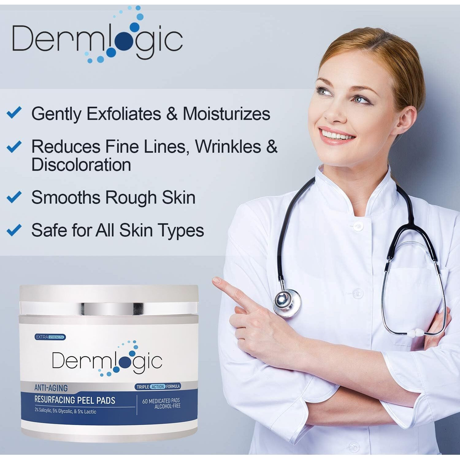 Anti Aging Resurfacing Peel Pads- Triple Action Chemical Peel Pads Combined With Glycolic, Lactic, And Salicylic Acids. Smooths Fine Lines, Wrinkles, Dark Spots, And Imperfections To Enhance The Skin