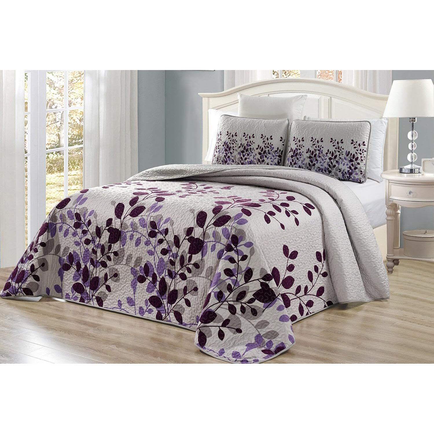 3-Piece Fine Printed Oversize (115"" X 95"") Fresca Quilt Set Reversible Bedspread Coverlet King Size Bed Cover (Purple, Grey, Vine)