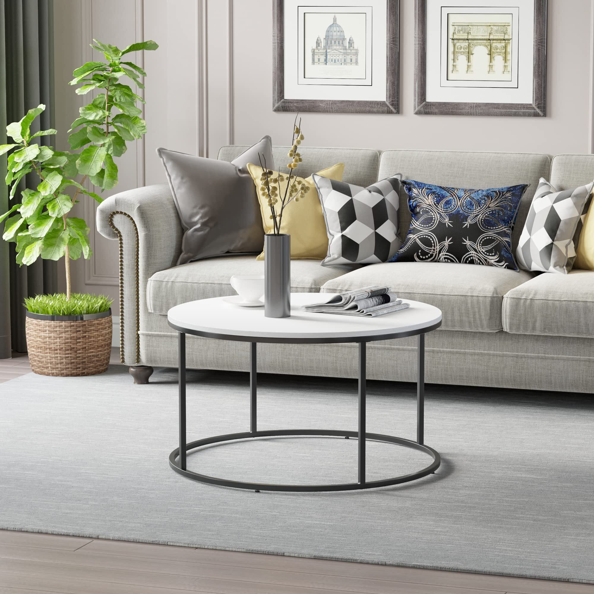 Homcom Round Coffee Table, 32 In Modern Center Table With Black Metal Frame, Coffee Tables For Living Room, White
