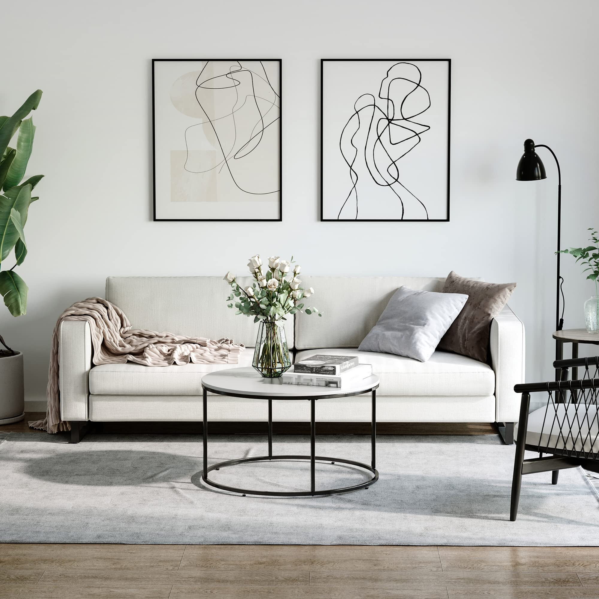 Homcom Round Coffee Table, 32 In Modern Center Table With Black Metal Frame, Coffee Tables For Living Room, White