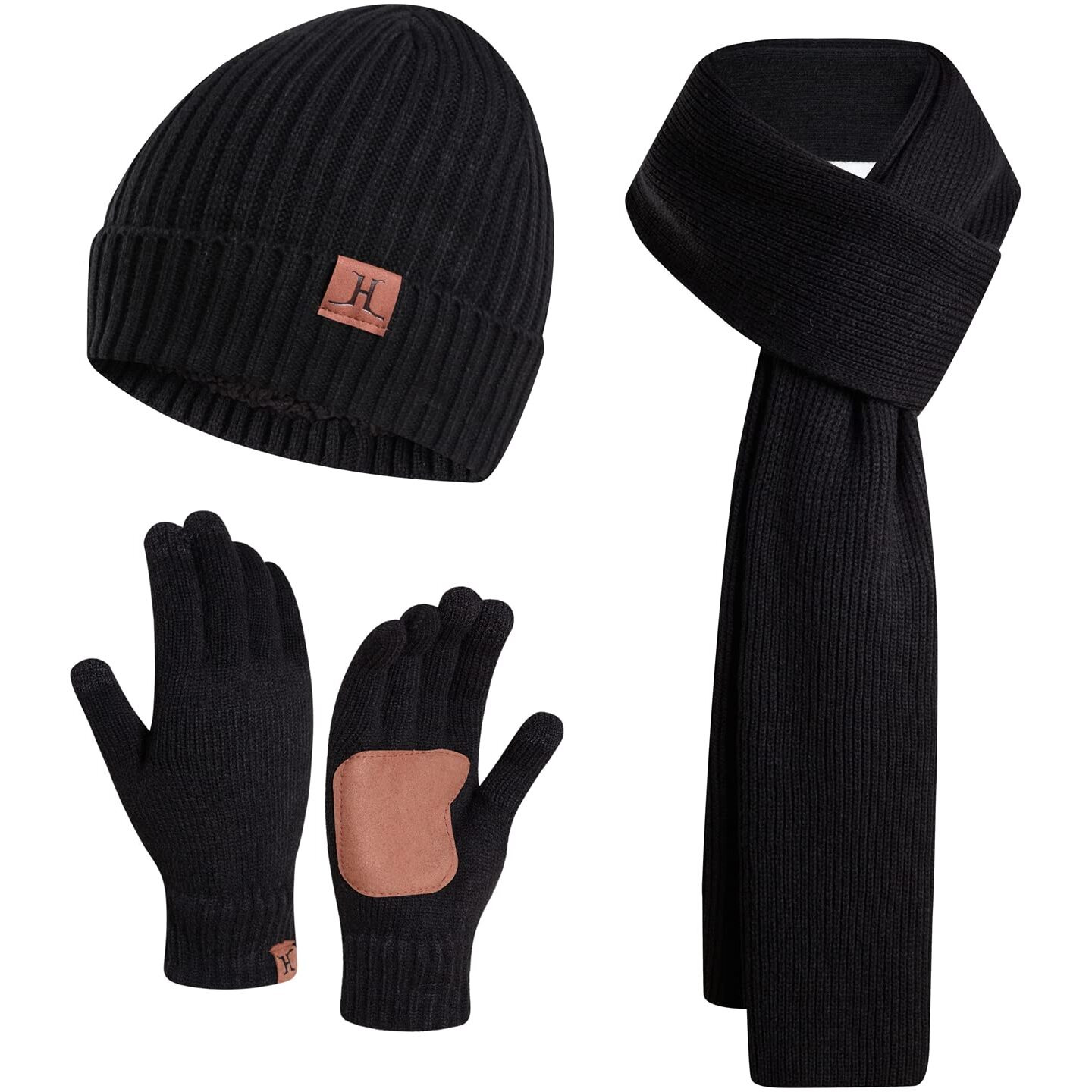 Jtjfit 3Pcs In 1 Winter Warm Knit Beanie Hat+Long Scarf+Touchscreen Gloves Set With Knit Fleece Lined For Men(Black)