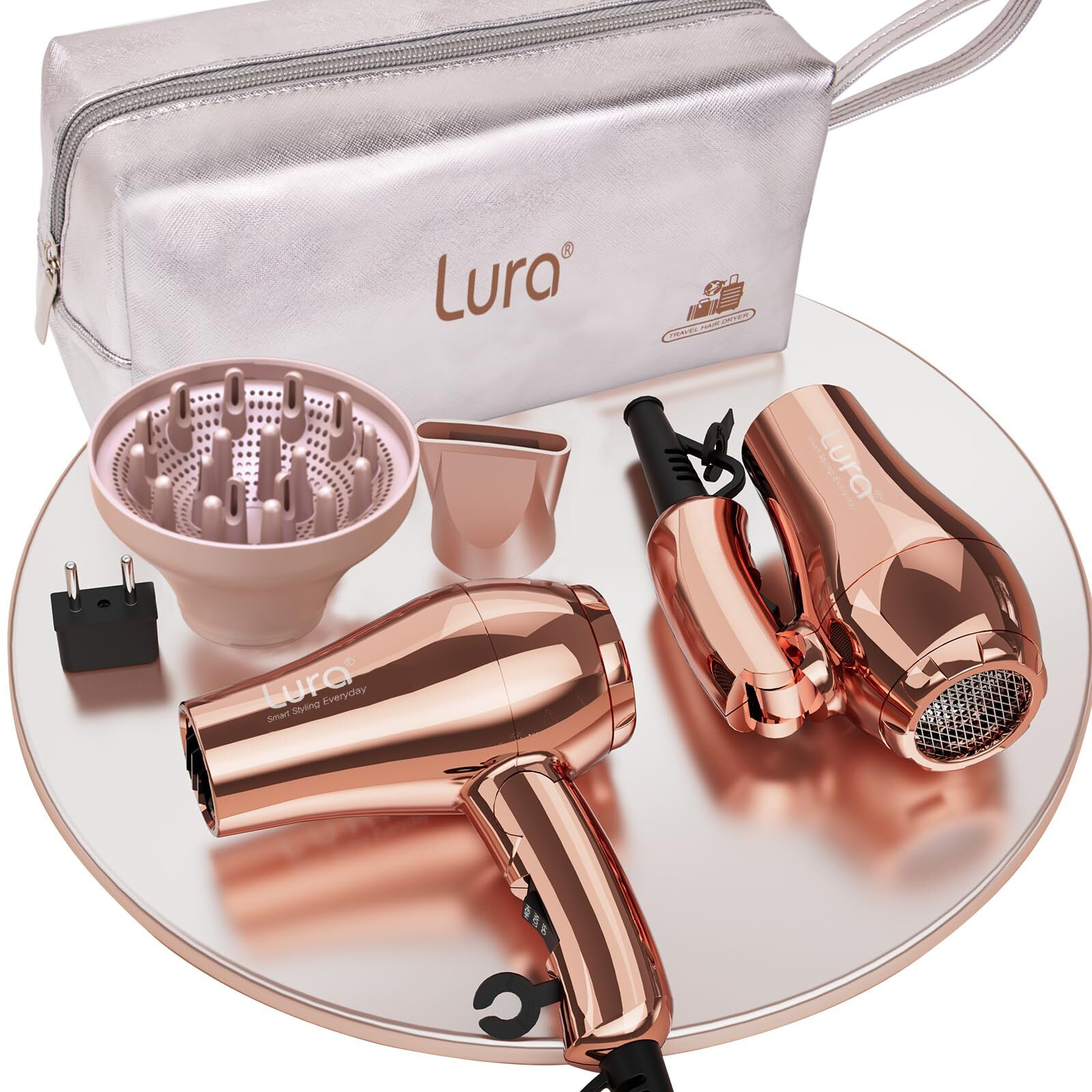 Lura Mini Portable Travel Hair DryerDual Voltage Small Lightweight Blow Dryer With Eu Plug,1200W Compact Hairdryer With Folding Handle,With Concentrator&Diffuser Attachment,For Women And Men