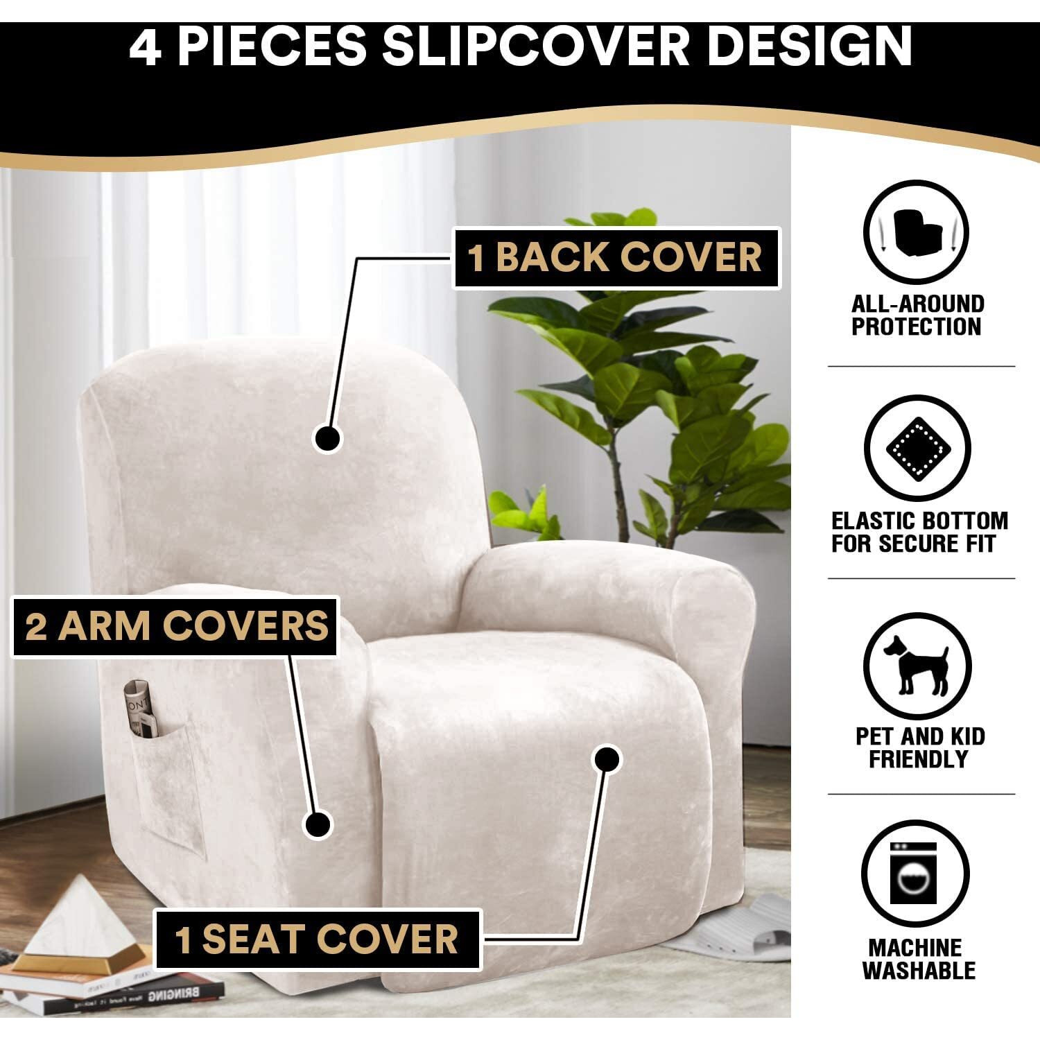 Princedeco Recliner Chair Cover Velvet Stretch Recliner Couch Covers 4-Pieces Style Recliner Chair Covers Recliner Cover For Reclining Chair Slipcovers Feature Non Slip Form Fitted Thick Soft, Ivory