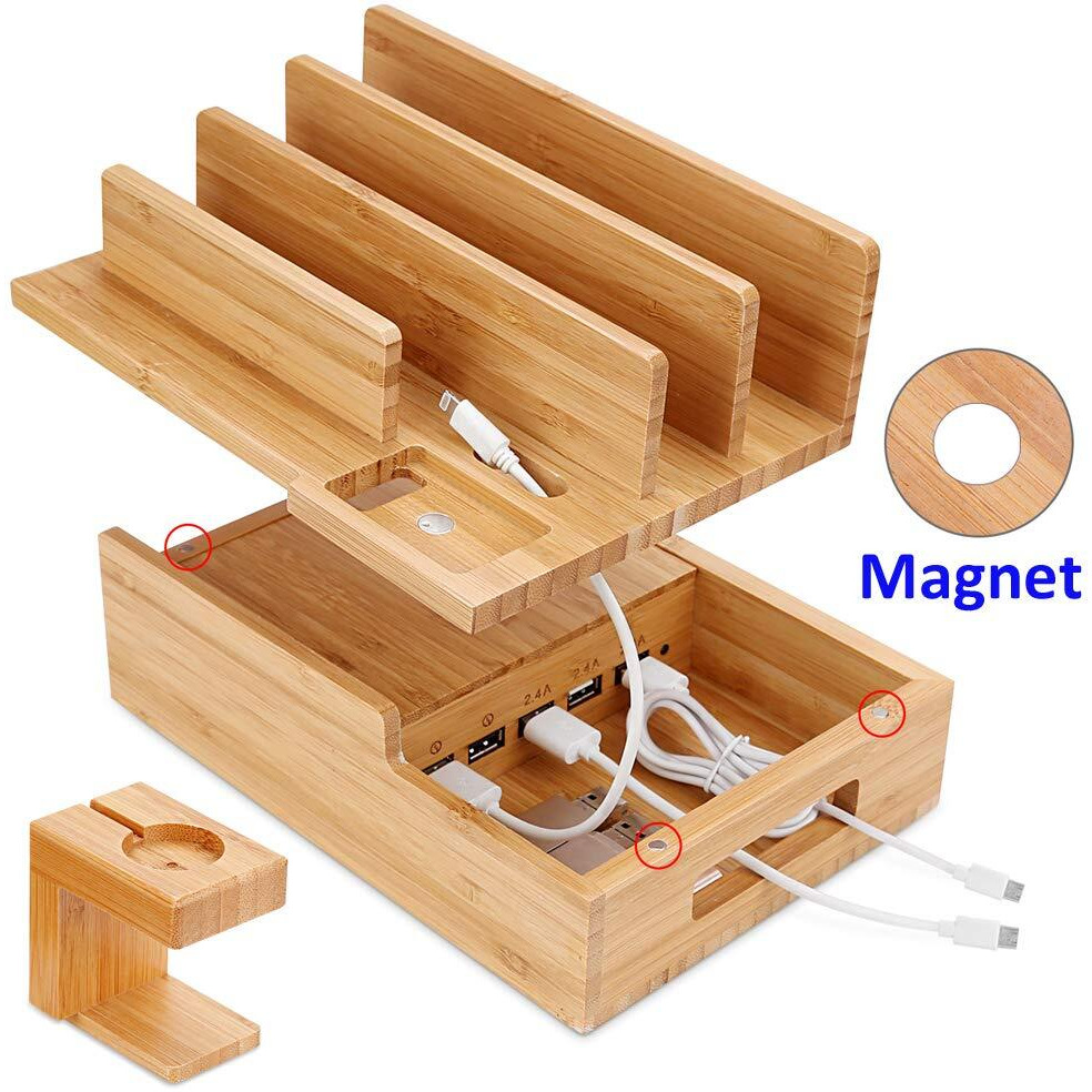 Othoking Charging Station Organizer,Fast Charging Station For Multiple Device 5-Port Usb Bamboo Wood Charging Dock,Universal Apple Watch Phone Pad And Android Like Samsung Cell Phones & Tablets