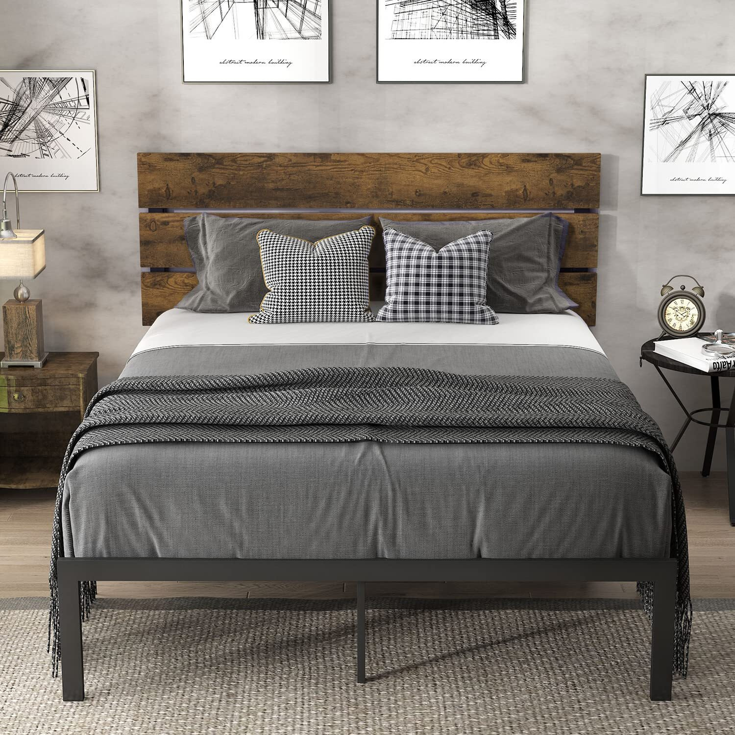 Allewie Queen Size Platform Bed Frame With Wooden Headboard And Metal Slats/Rustic Country Style Mattress Foundation/Box Spring Optional/Strong Metal Slats Support/Easy Assembly, Dark Brown