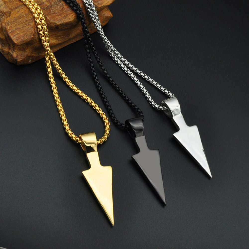 Pauro Men's Stainless Steel Jewelry Spearhead Indian Arrowhead Pendant Spear Point Arrow Necklace Black With Chain