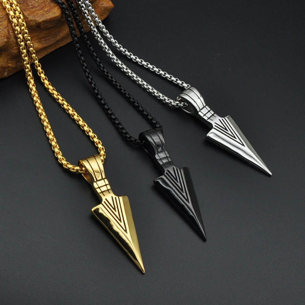 Pauro Men's Stainless Steel Jewelry Spearhead Indian Arrowhead Pendant Spear Point Arrow Necklace Black With Chain
