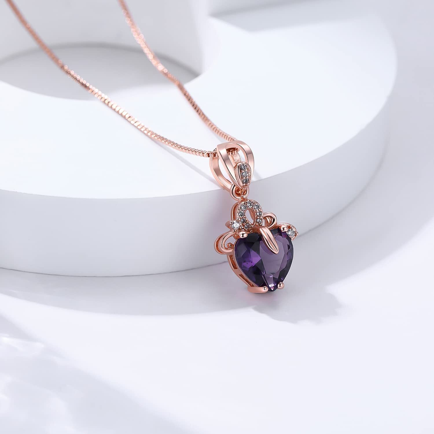 Ailuor Elegant Heart Shaped Amethyst Pendant Necklace, Luxury Fashion18K Rose Gold Love Heart Natural Purple Crystal Jewelry - Great Birthday Anniversary Mothers Day Wedding Gift (Rose Gold)