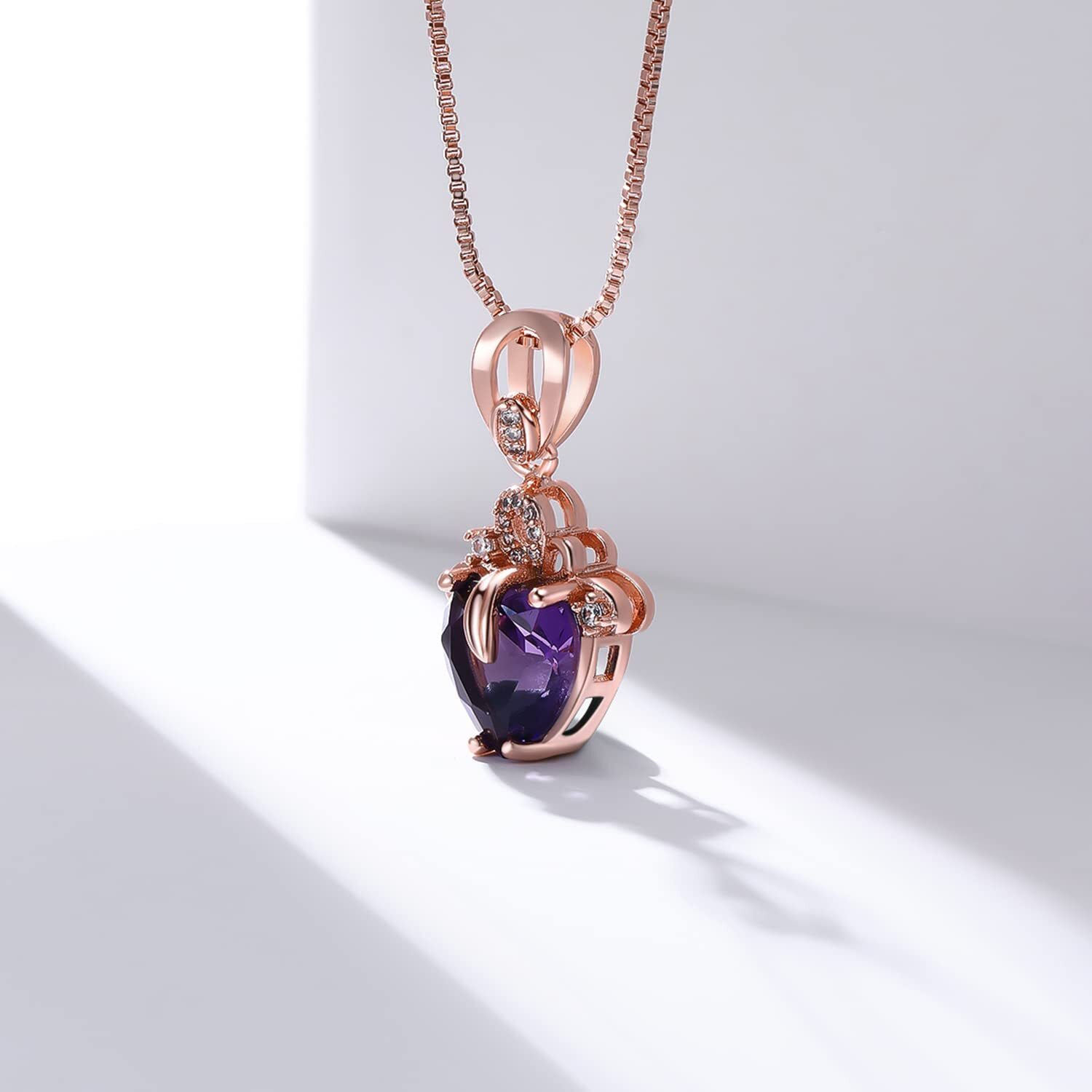 Ailuor Elegant Heart Shaped Amethyst Pendant Necklace, Luxury Fashion18K Rose Gold Love Heart Natural Purple Crystal Jewelry - Great Birthday Anniversary Mothers Day Wedding Gift (Rose Gold)