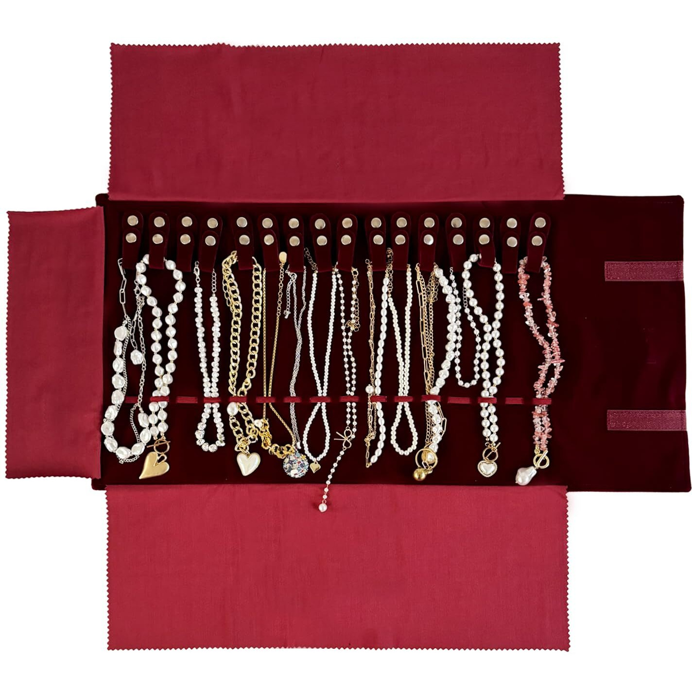 Unionplus Velvet Travel Jewelry Roll Bag Organizer For Necklace, Elastic Band And Anti-Winding, Burgundy