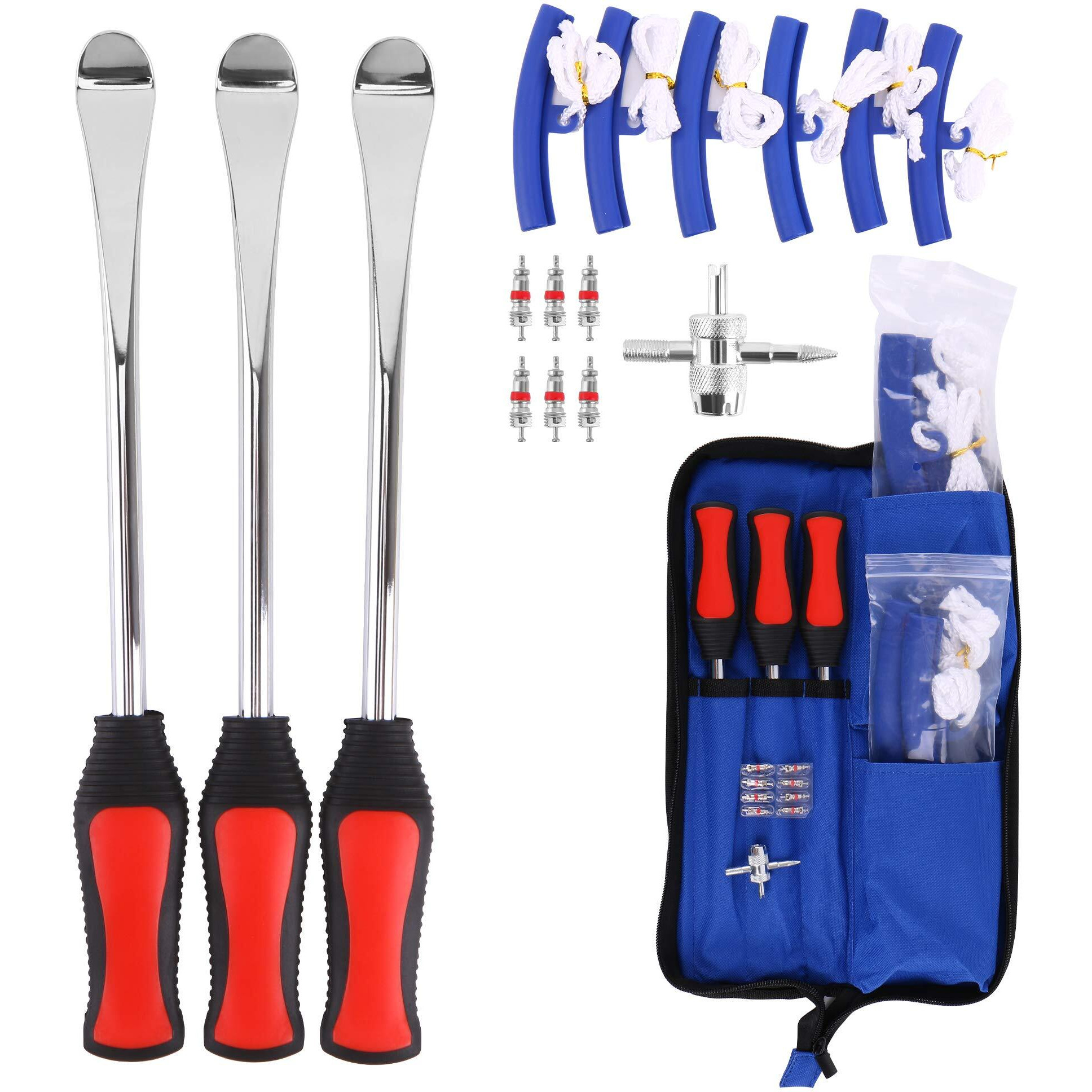 Asooll 11.5"" Tire Spoon Dirt Bike Tire Changing Spoons Tool Lever Steel Spoons Kit For Motorcycle Atv Lawn Mower | With 1 Portable Bag + 3 Tire Spoons+ 6 Rim Protectors + 6 Valve Cores + 1 Valve