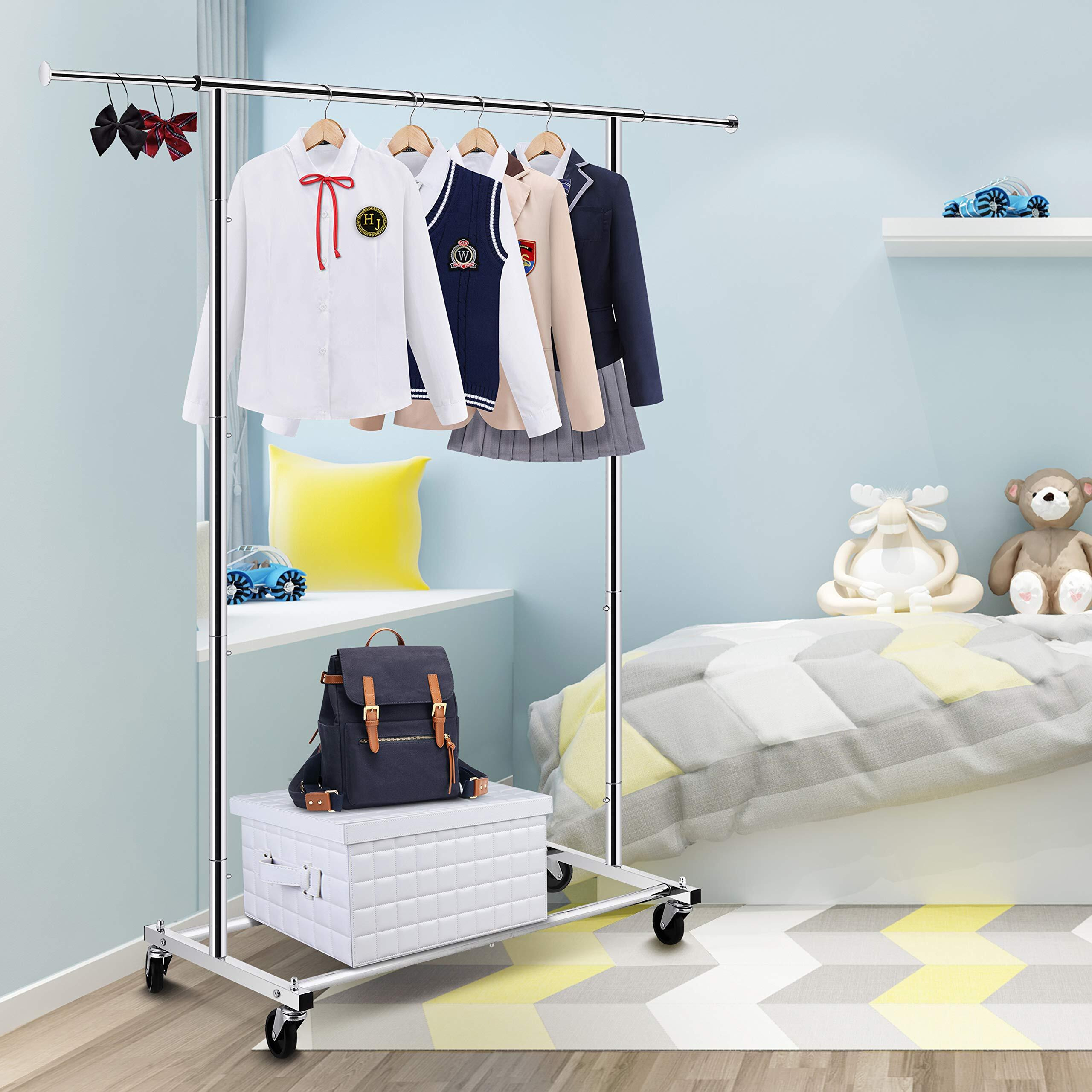 Simple Trending Standard Rod Clothing Garment Rack, Rolling Clothes Organizer On Wheels For Hanging Clothes, Chrome