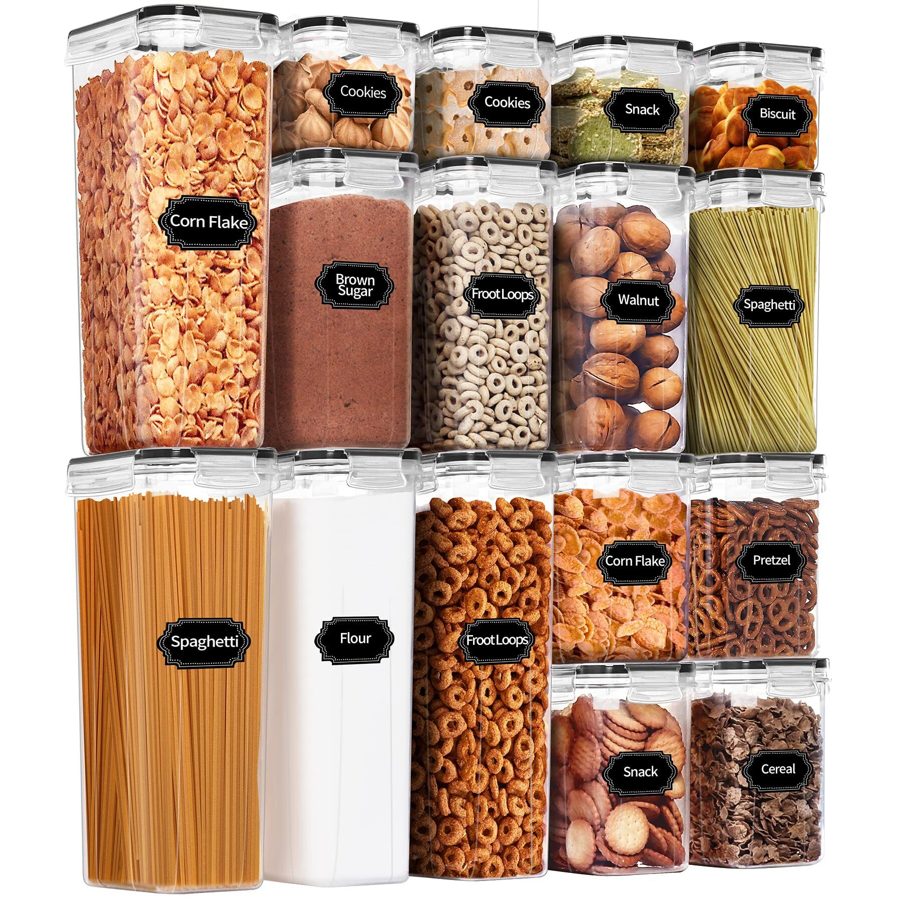 Praki Airtight Food Storage Containers Set, 16 Pcs Bpa Free Plastic Dry Food Canisters For Kitchen Pantry Organization And Storage Ideal For Cereal, Flour & Sugar - Labels, Marker(Black)