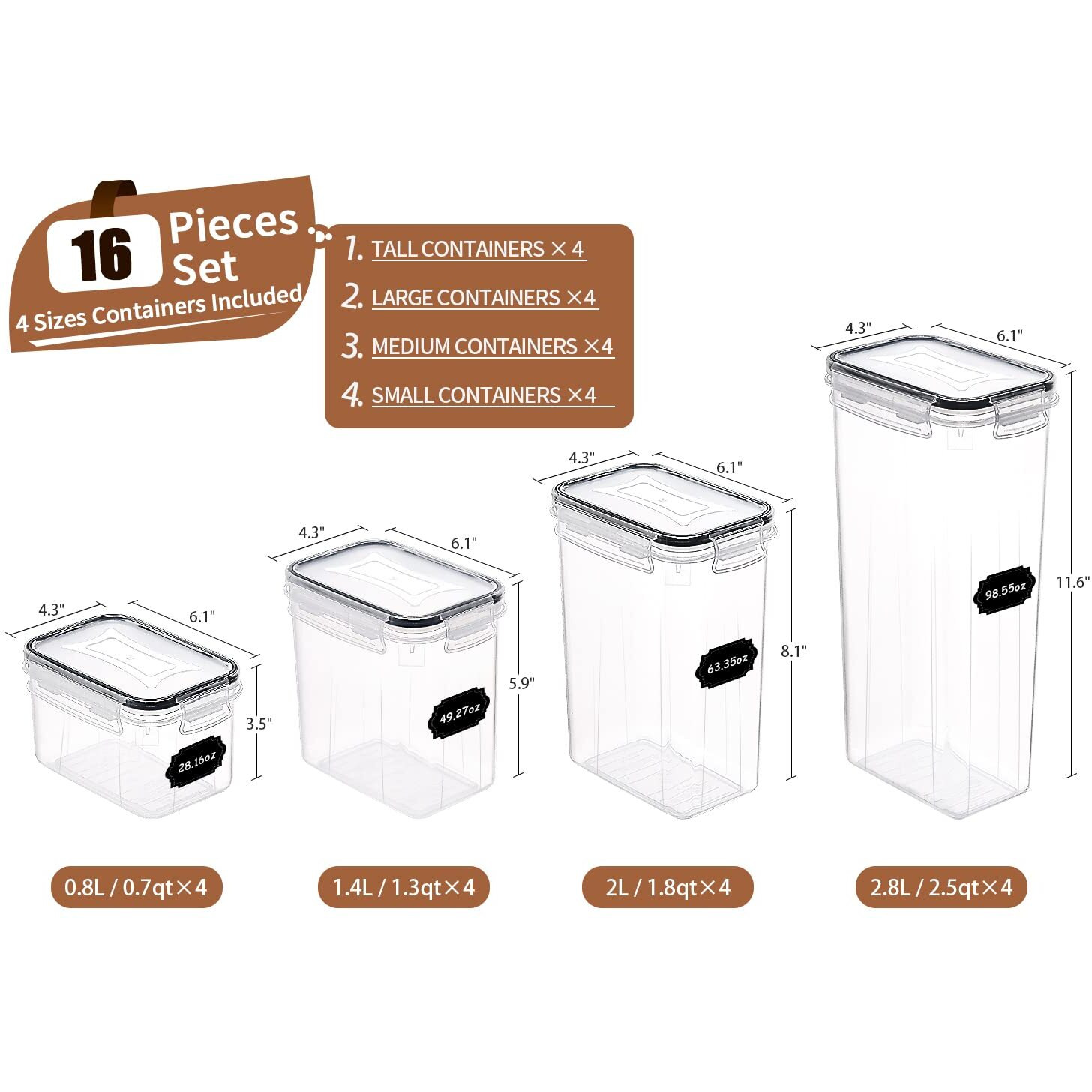 Praki Airtight Food Storage Containers Set, 16 Pcs Bpa Free Plastic Dry Food Canisters For Kitchen Pantry Organization And Storage Ideal For Cereal, Flour & Sugar - Labels, Marker(Black)