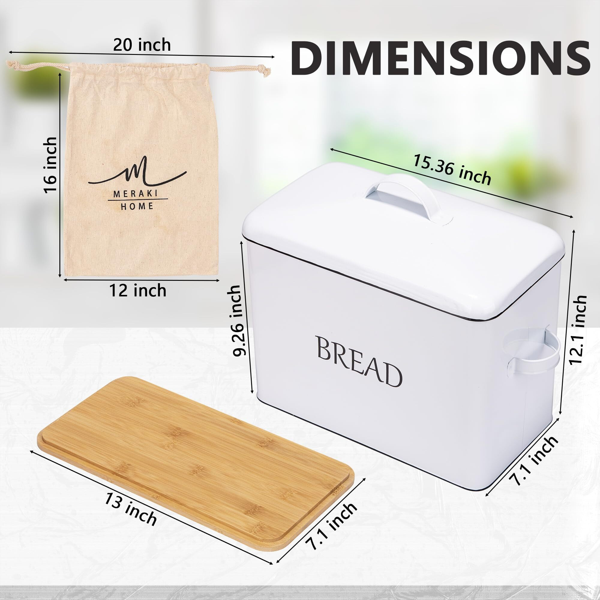 Meraki Home Bread Box With Two Lids | Metal Lid And Bamboo Cutting Board Lid | Cotton Bread Bag | Farmhouse Bread Storage For Kitchen Countertop | Perfect For Homemade Bread