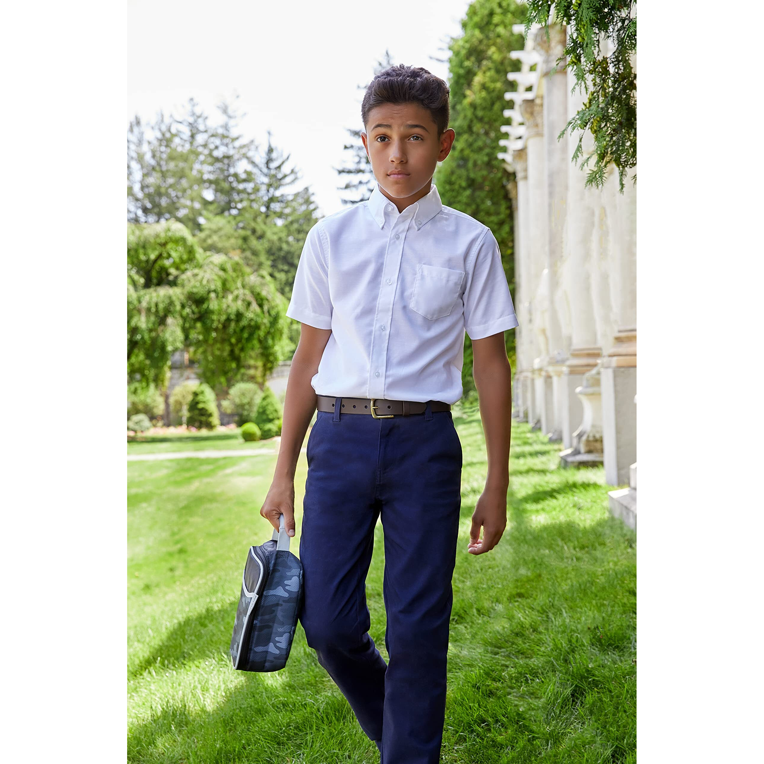 French Toast Boys' Adjustable Waist Straight Fit Stretch Twill Chino Pant, School Uniform Navy, 8